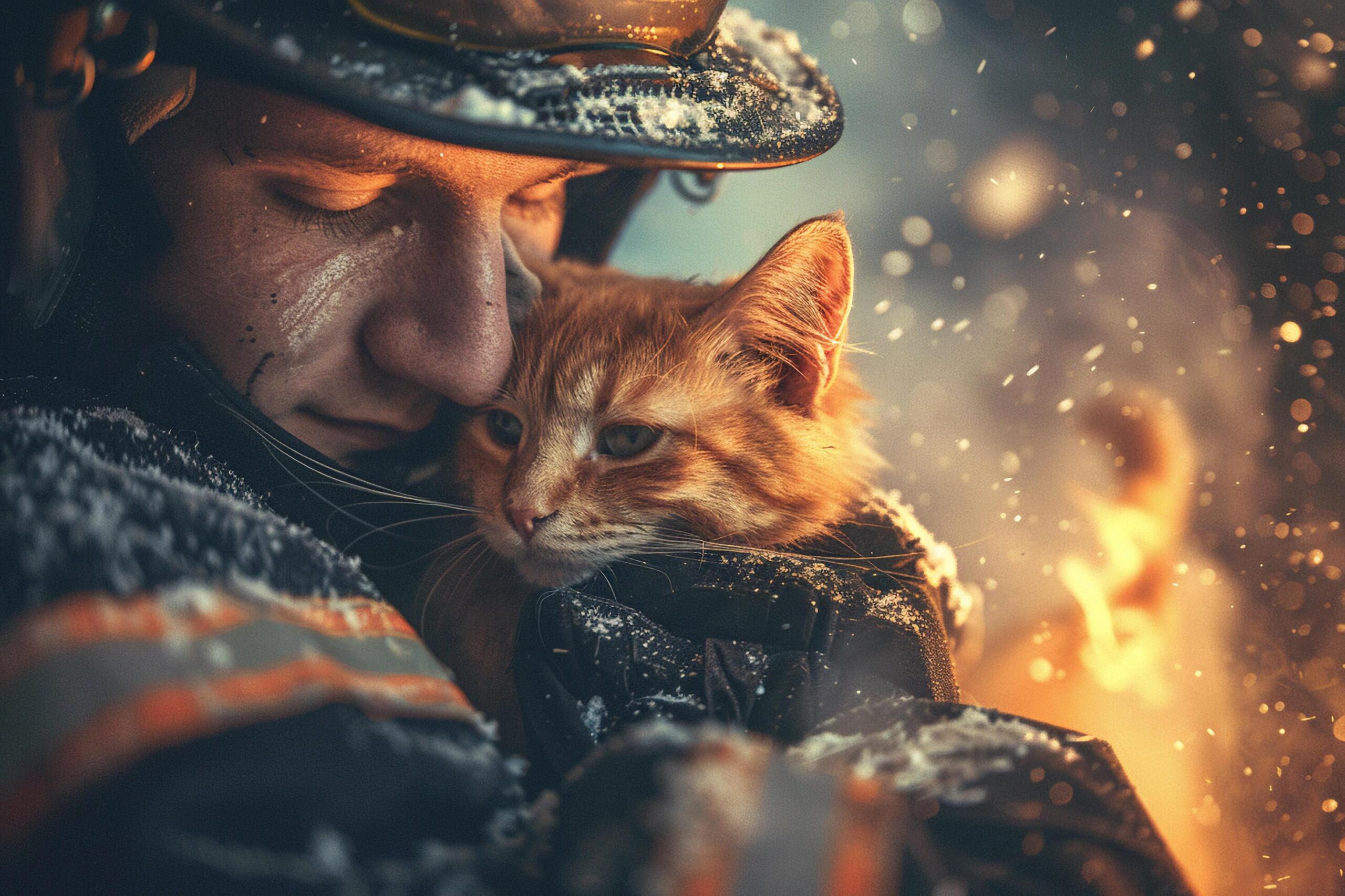 Ai-generated-firefighter-comforting-a-cat-amidst-sparks-with-ai-generated-free-photo