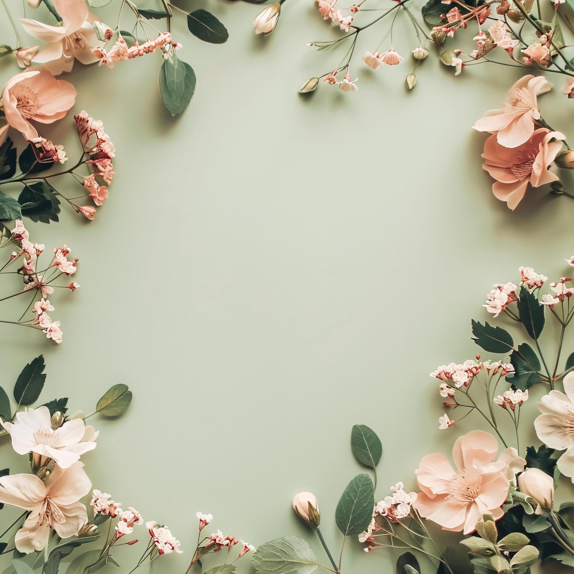Ai-generated-flowers-botanical-frame-on-olive-pastel-background-free-photo