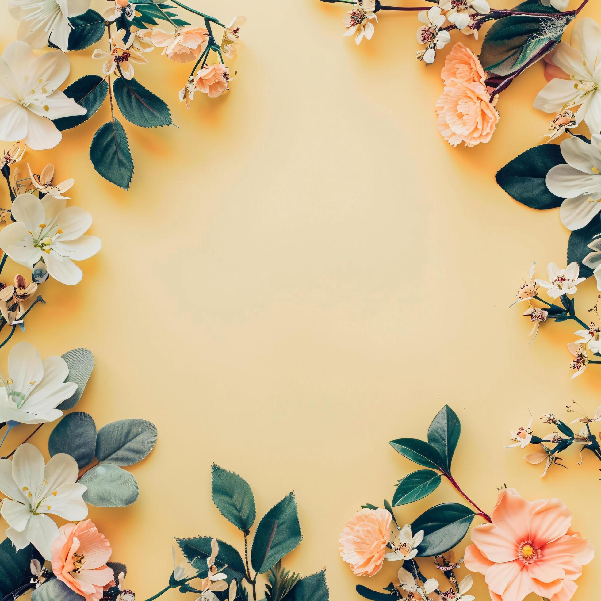 Ai-generated-flowers-botanical-frame-on-yellow-pastel-background-free-photo