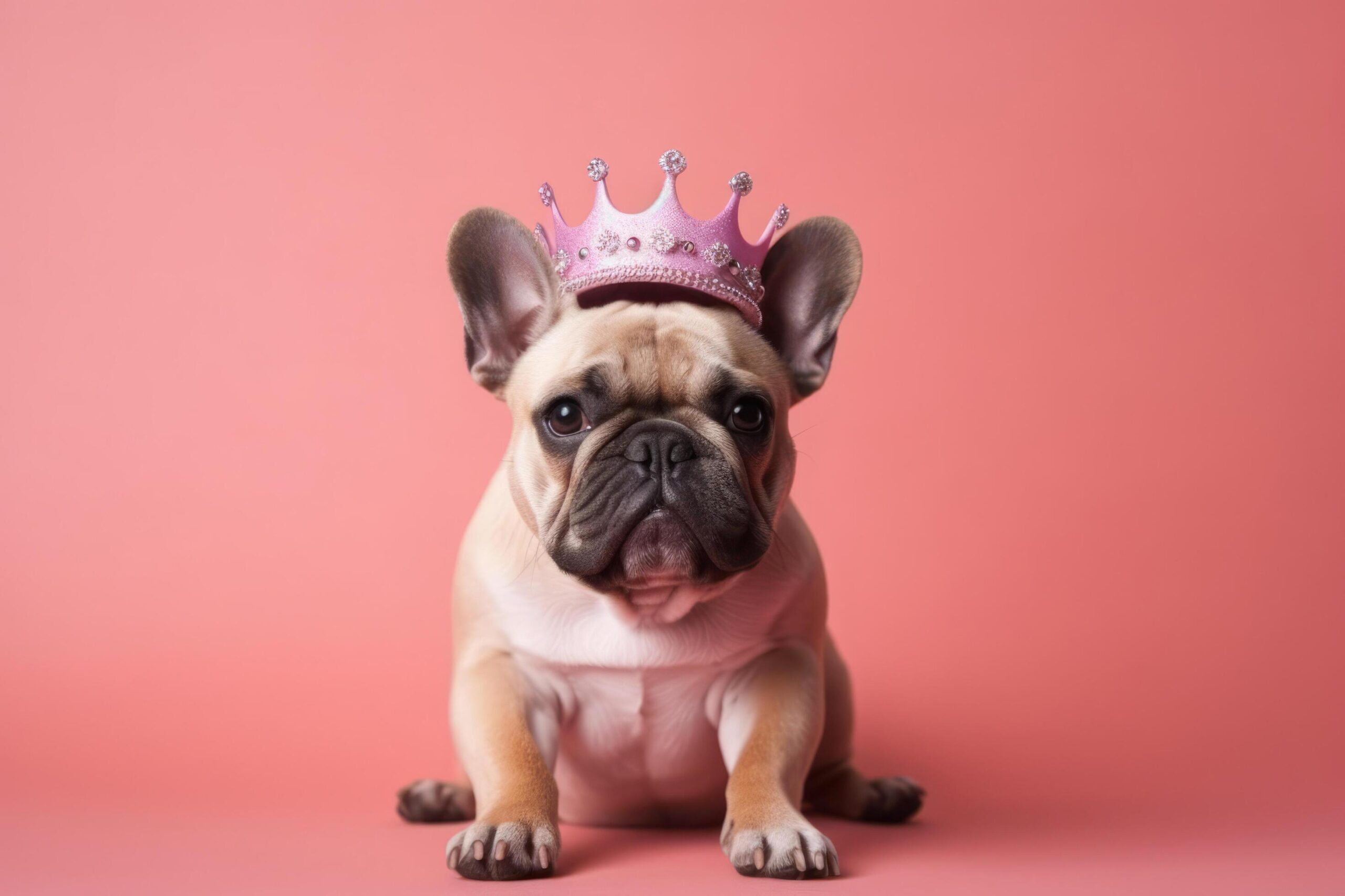 Ai-generated-french-bulldog-puppy-wearing-pink-princess-crown-on-her-head-sitting-in-center-of-peach-solid-background-royal-breed-queen-dog-fashion-beauty-for-pets-free-photo