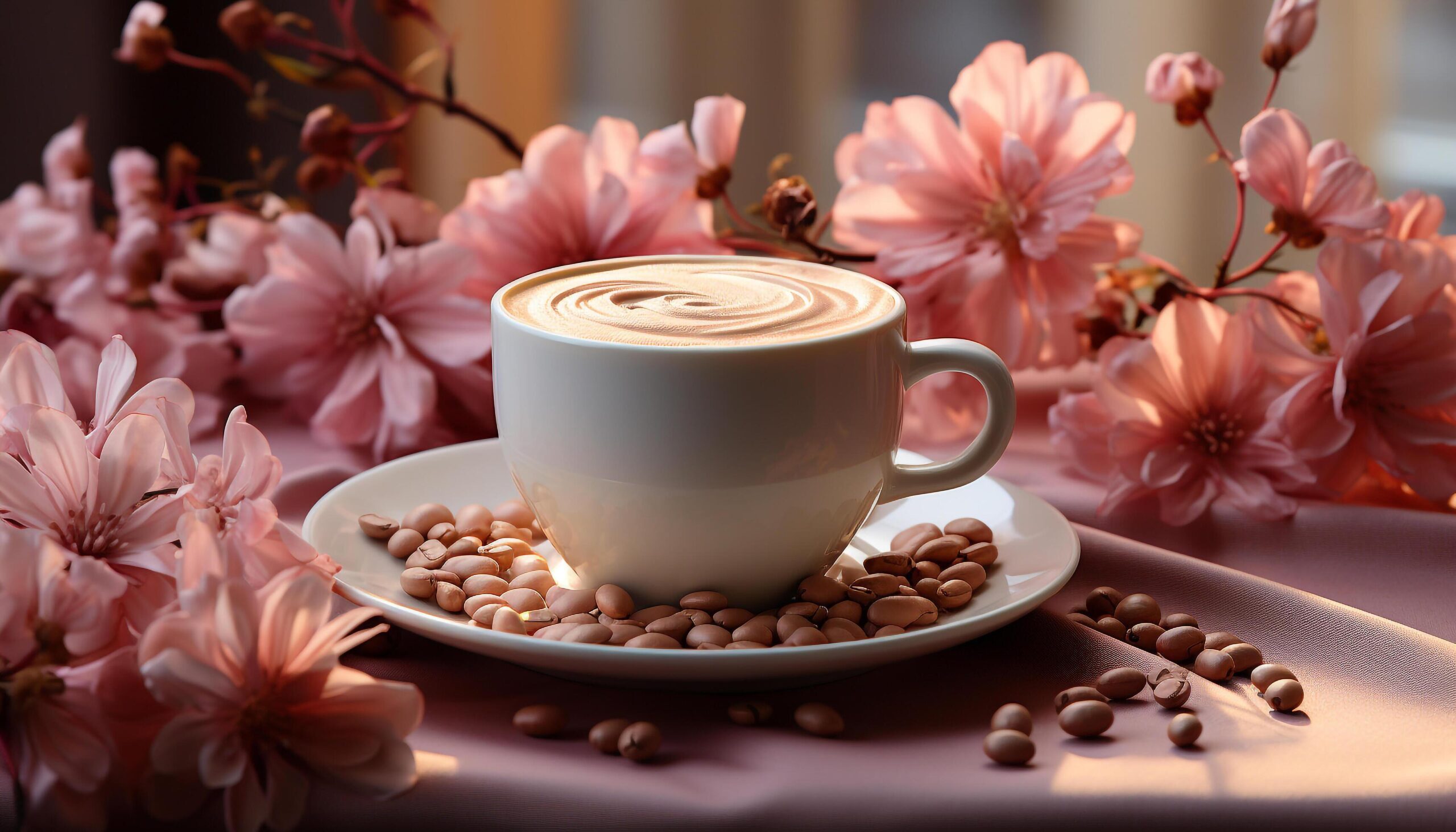 Ai-generated-fresh-coffee-cup-on-wooden-table-with-flower-decoration-generated-by-ai-free-photo