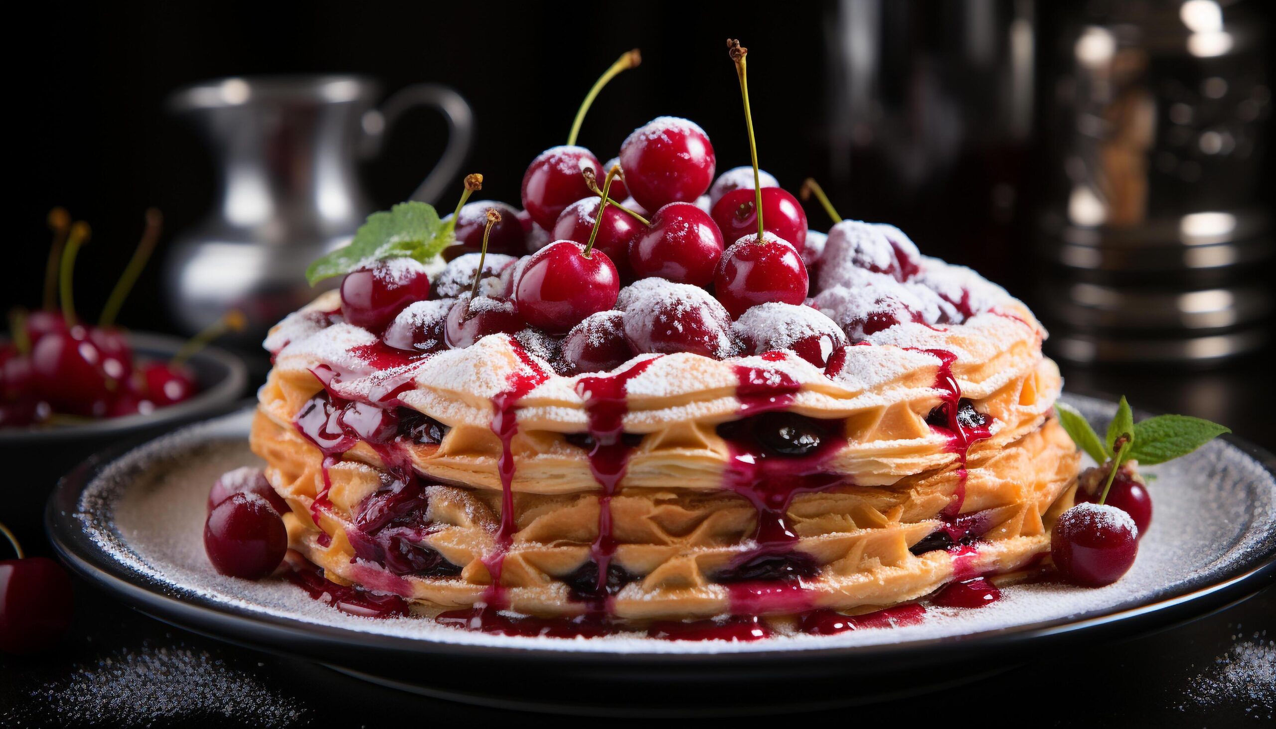 Ai-generated-fresh-fruit-dessert-on-wooden-plate-raspberry-strawberry-blueberry-homemade-pancake-generated-by-ai-free-photo