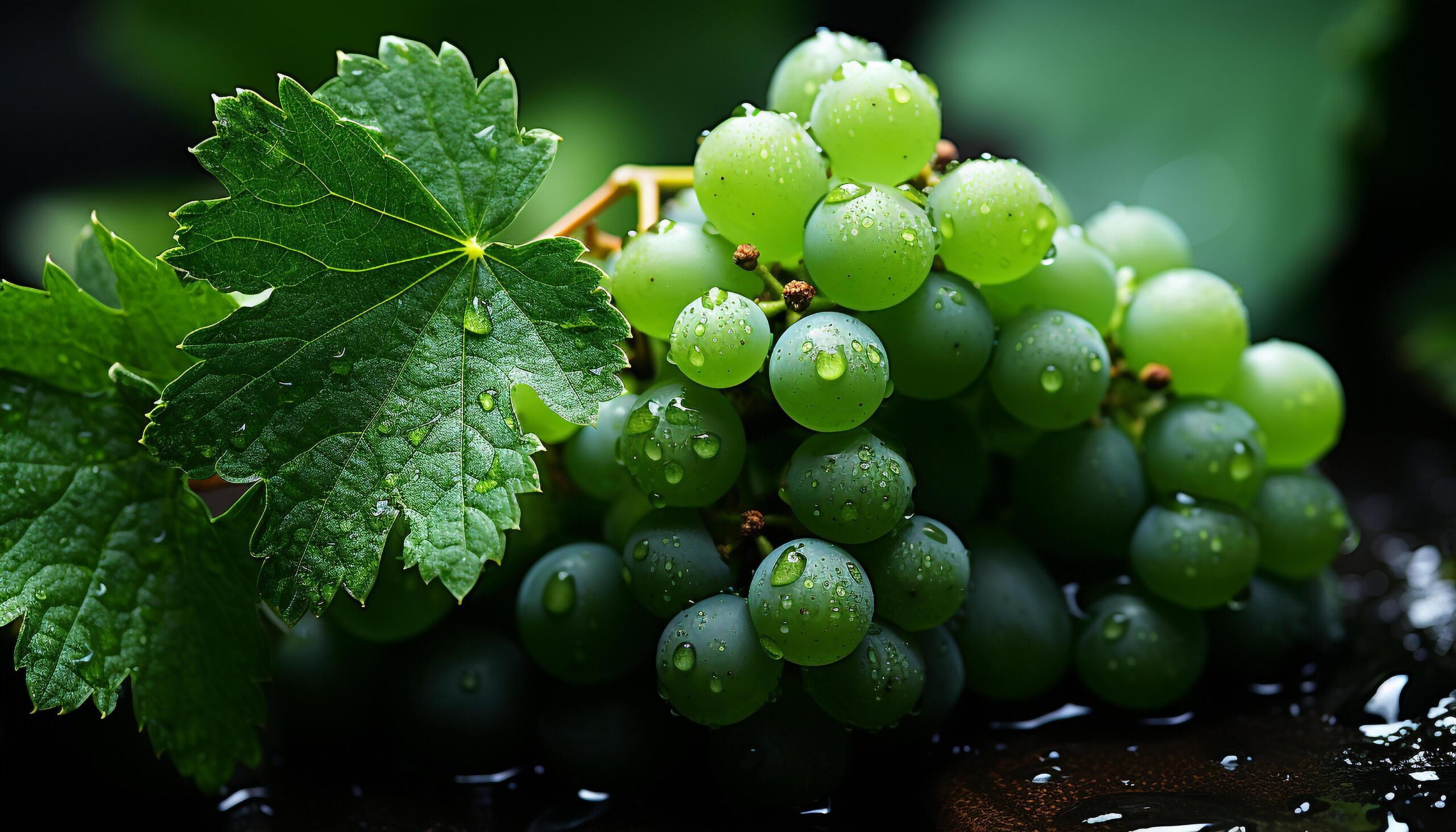 Ai-generated-fresh-grape-leaf-nature-green-fruit-wet-with-dew-generated-by-ai-free-photo