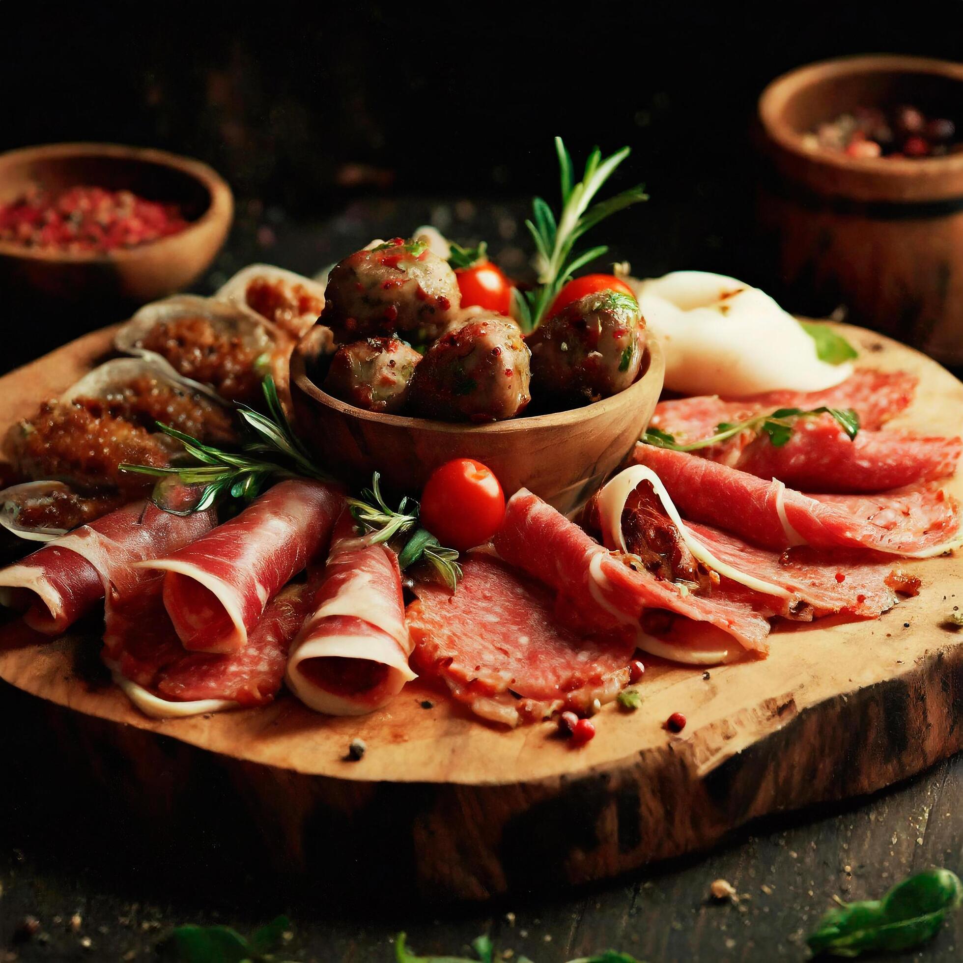 Ai-generated-fresh-ham-appetizer-on-a-wooden-platter-free-photo