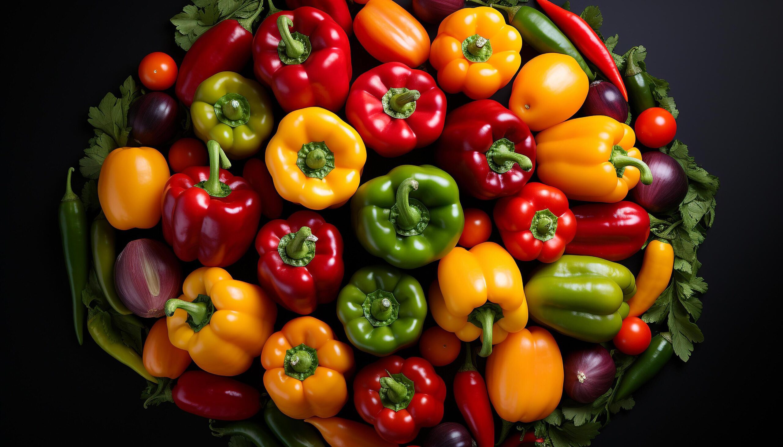 Ai-generated-fresh-healthy-organic-vegetables-bell-peppers-tomatoes-onions-cucumber-generated-by-ai-free-photo