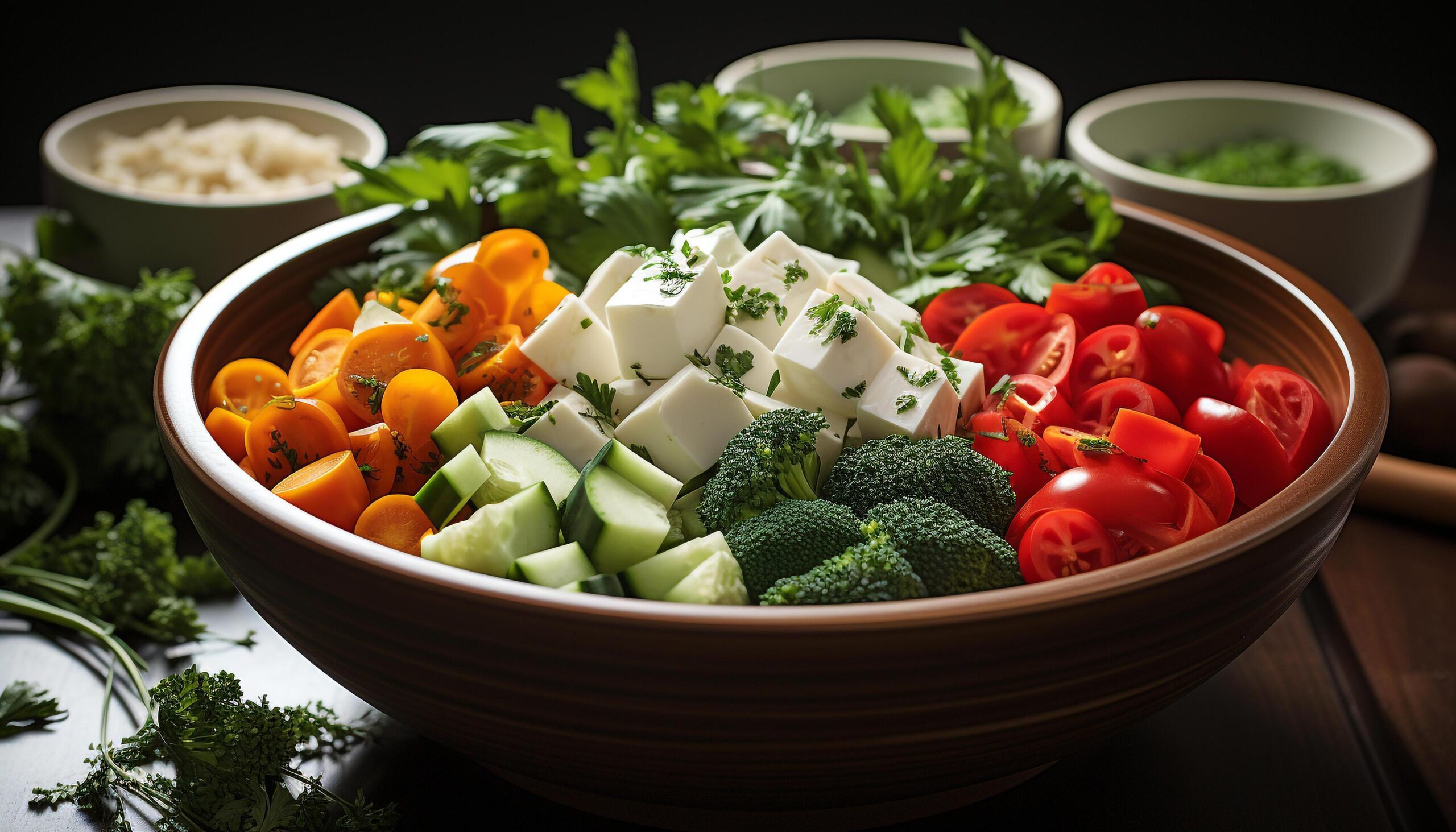 Ai-generated-fresh-healthy-vegetarian-salad-with-tomato-broccoli-and-bell-pepper-generated-by-ai-free-photo