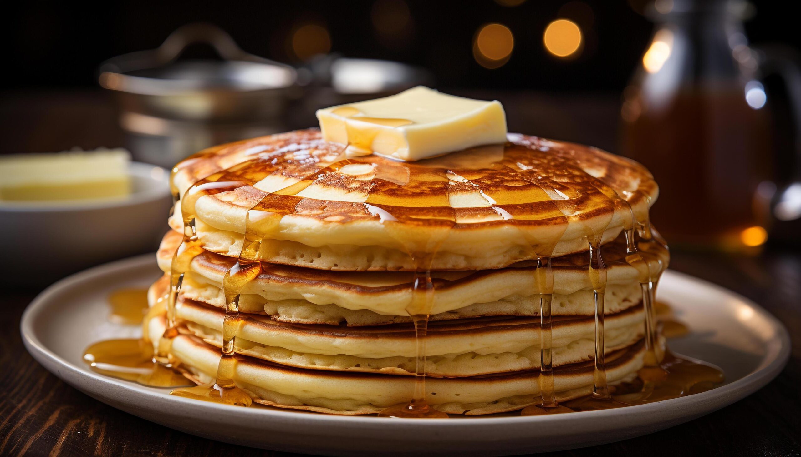 Ai-generated-fresh-homemade-pancakes-stacked-on-a-plate-with-syrup-and-butter-generated-by-ai-free-photo