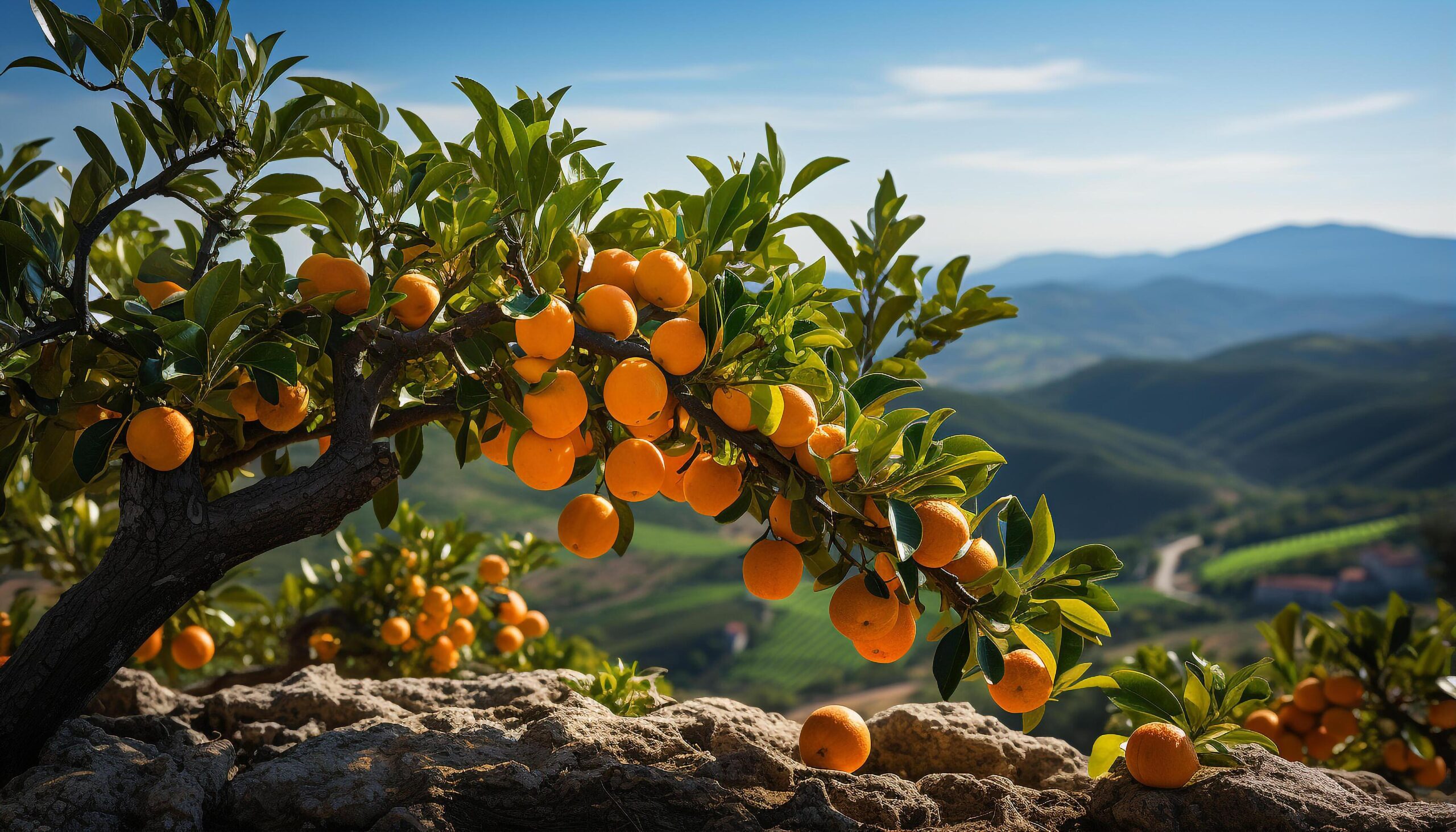 Ai-generated-fresh-orange-fruit-on-tree-in-sunny-orchard-generated-by-ai-free-photo