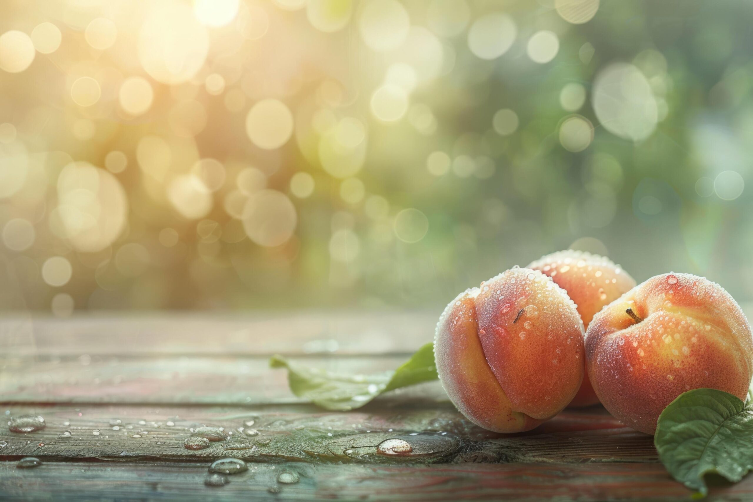 Ai-generated-fresh-peaches-with-dew-drops-in-the-sun-on-a-wooden-table-space-for-text-free-photo