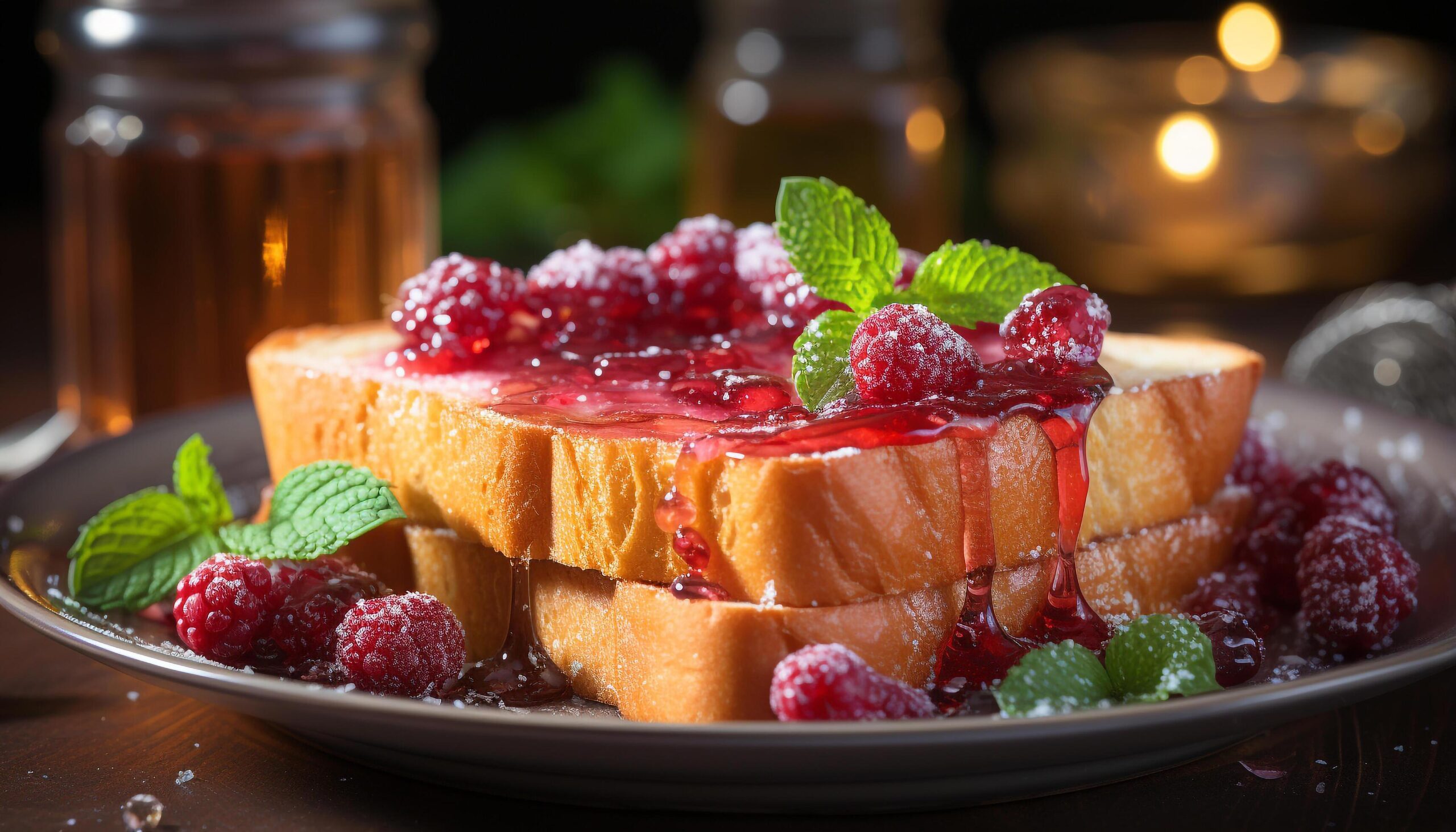 Ai-generated-fresh-raspberry-dessert-on-wooden-plate-with-mint-leaf-garnish-generated-by-ai-free-photo