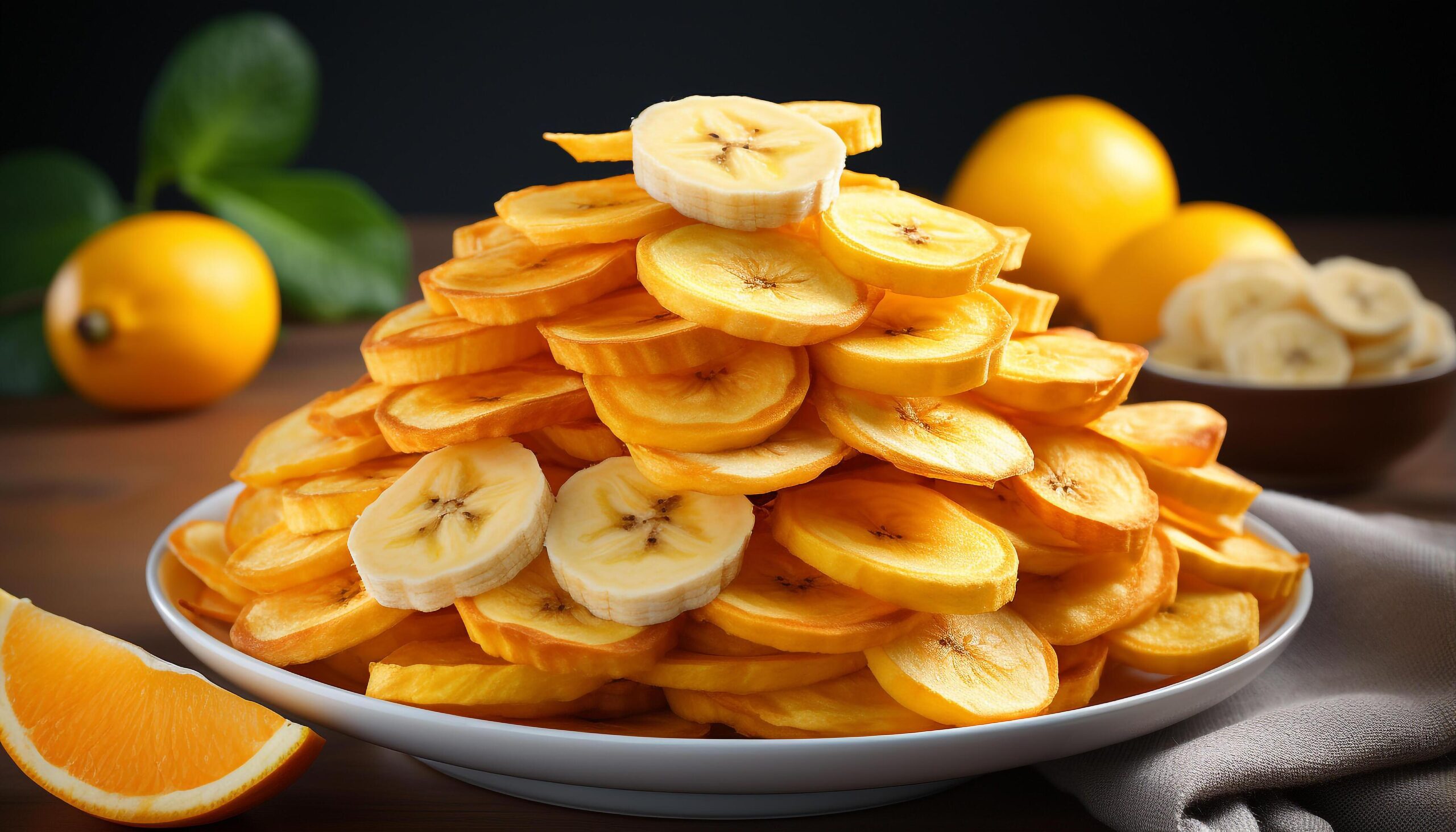 Ai-generated-fresh-ripe-fruit-stack-on-wooden-plate-vibrant-and-healthy-generated-by-ai-free-photo
