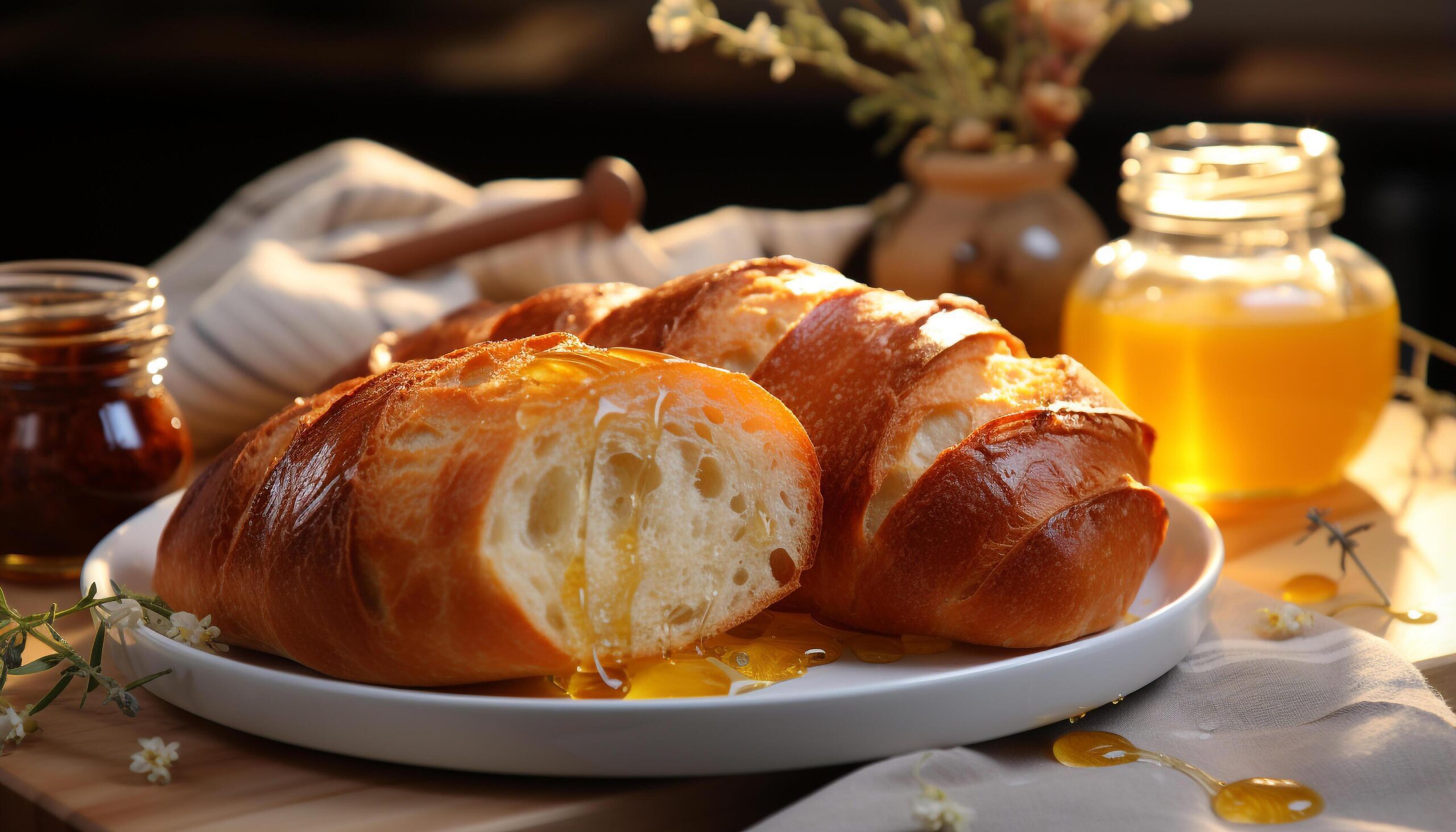 Ai-generated-freshly-baked-bread-and-honey-a-gourmet-meal-on-a-wooden-table-generated-by-ai-free-photo