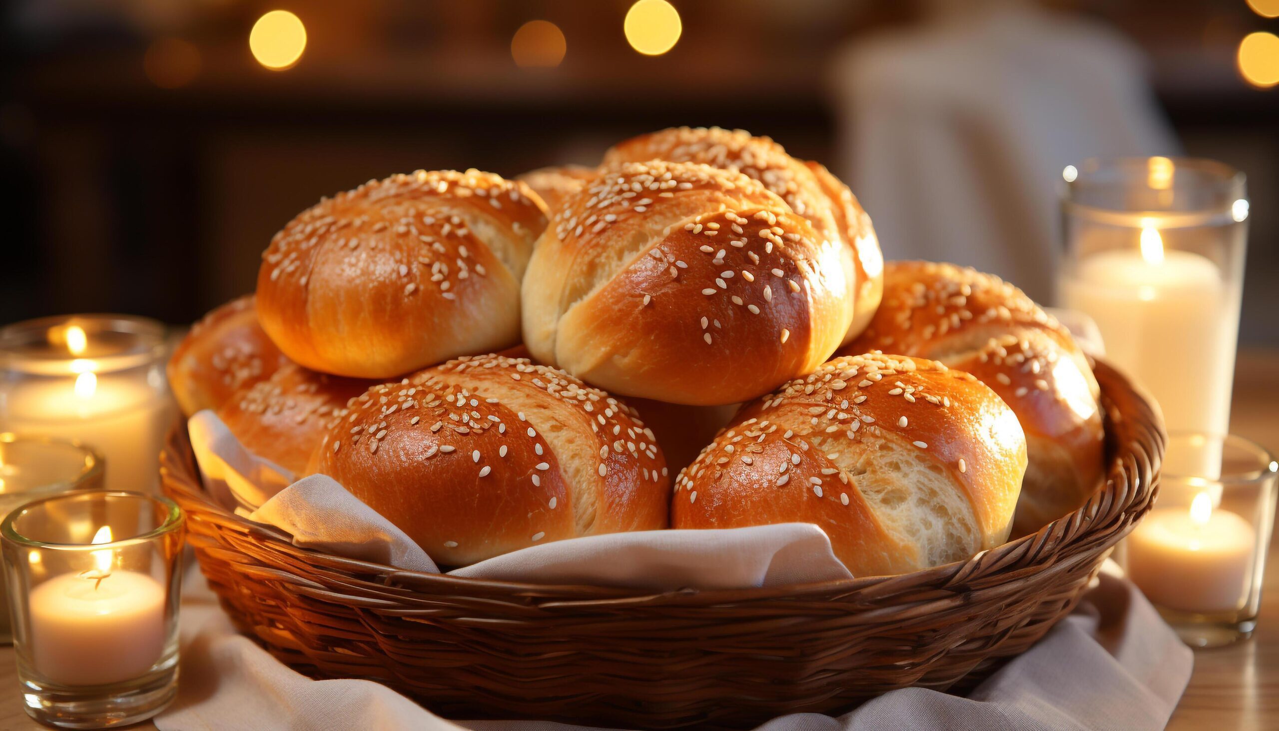Ai-generated-freshly-baked-bread-on-wooden-table-candle-illuminates-rustic-meal-generated-by-ai-free-photo