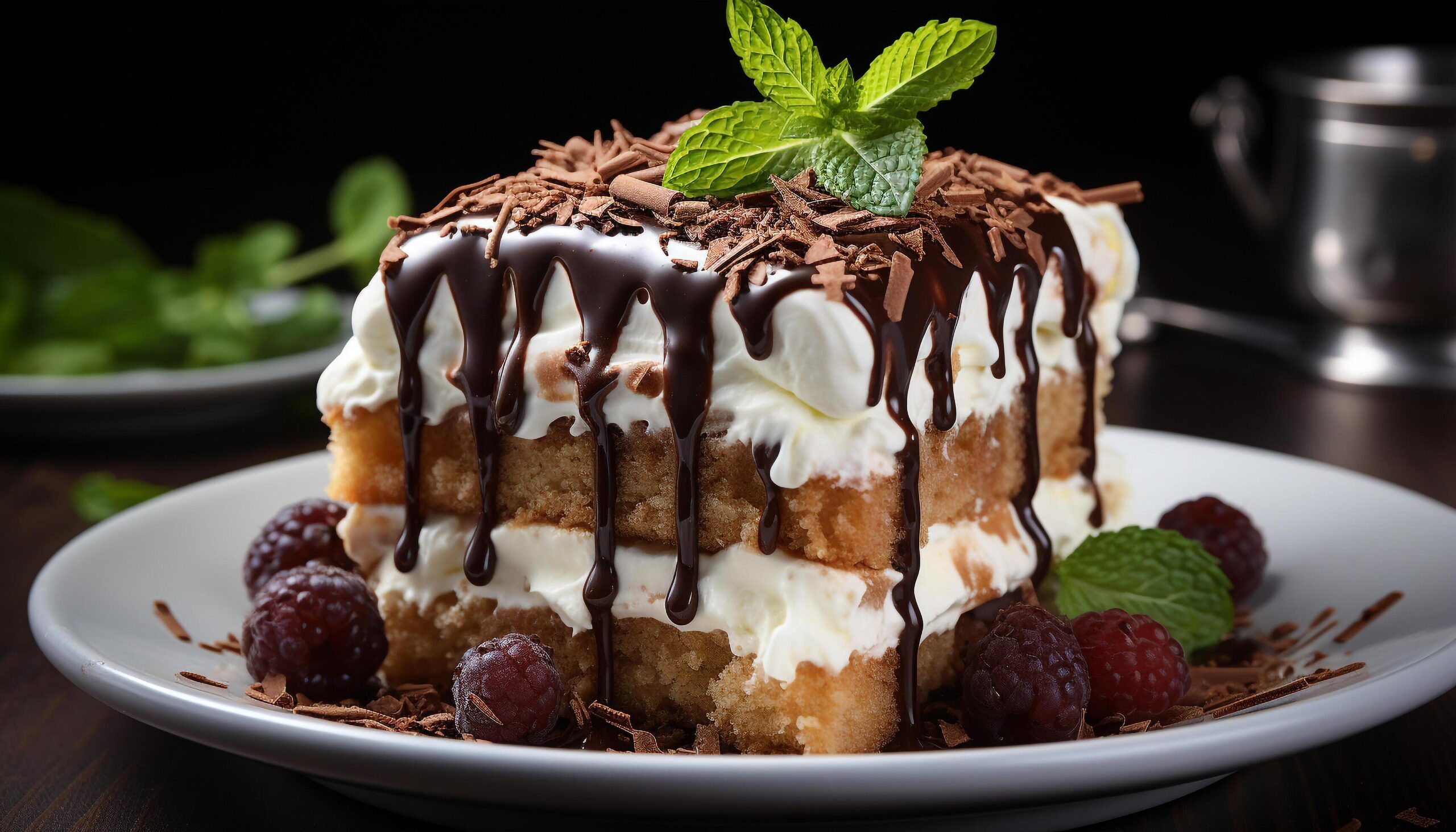 Ai-generated-freshly-baked-chocolate-cake-with-whipped-cream-and-raspberry-sauce-generated-by-ai-free-photo