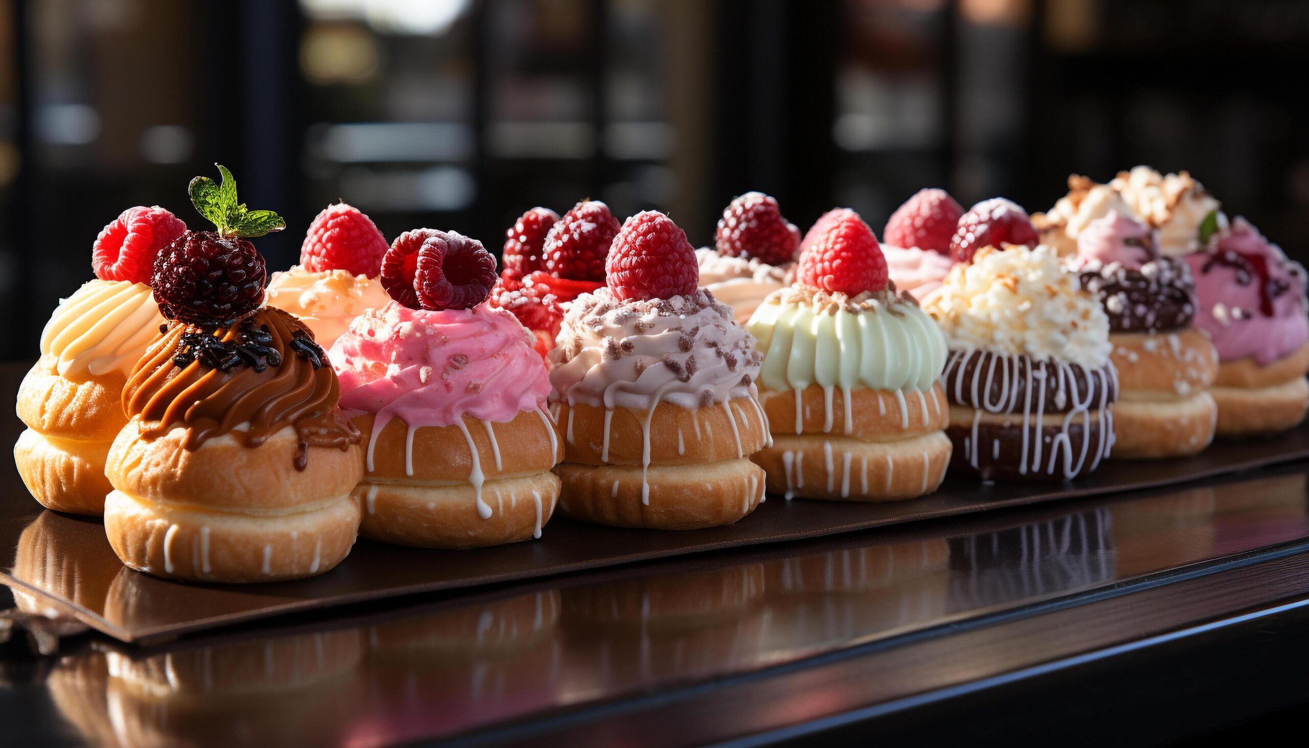 Ai-generated-freshly-baked-gourmet-cupcakes-with-chocolate-icing-and-raspberry-decoration-generated-by-ai-free-photo