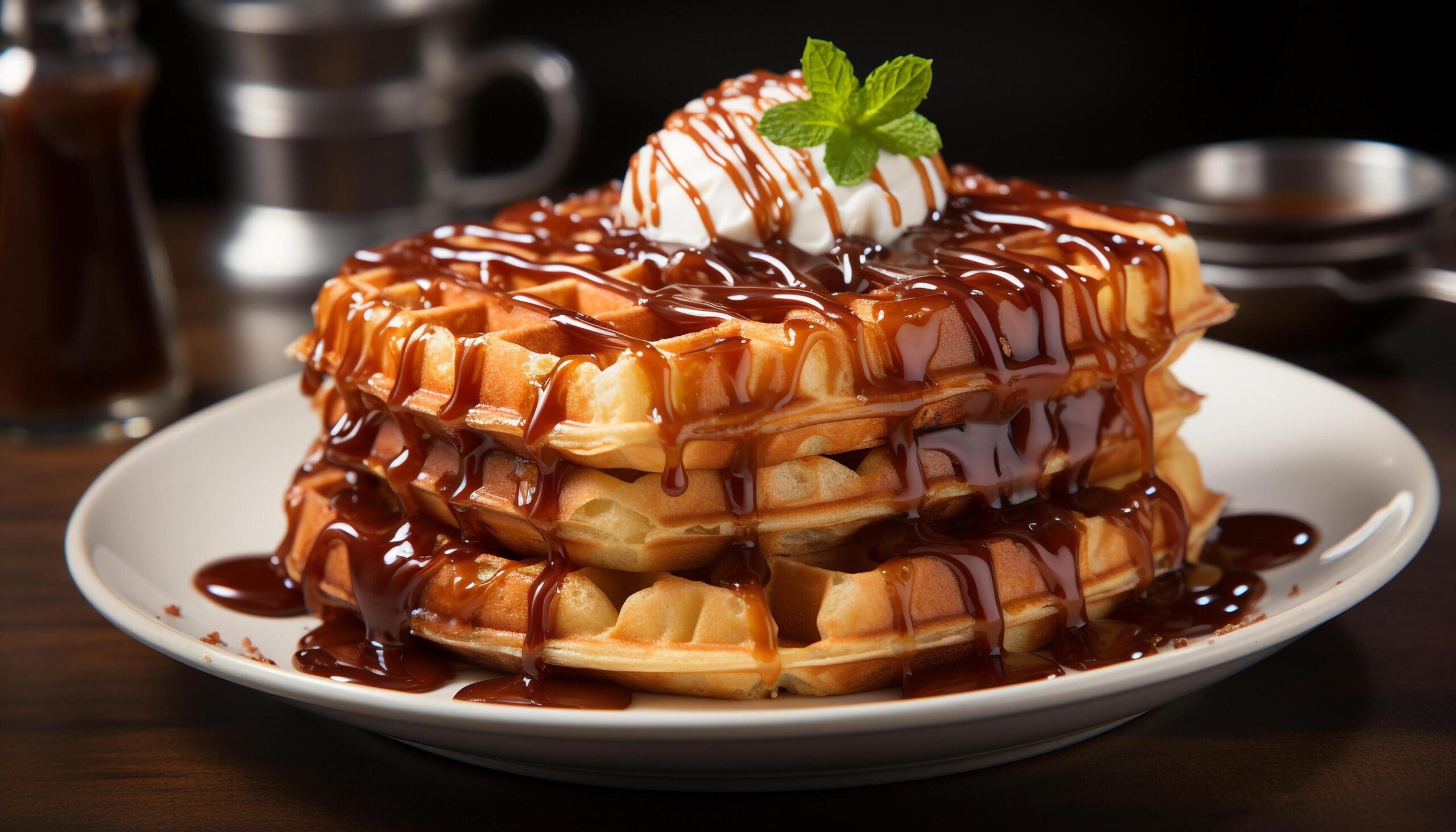 Ai-generated-freshly-baked-pancakes-with-chocolate-sauce-fruit-and-syrup-on-wood-generated-by-ai-free-photo