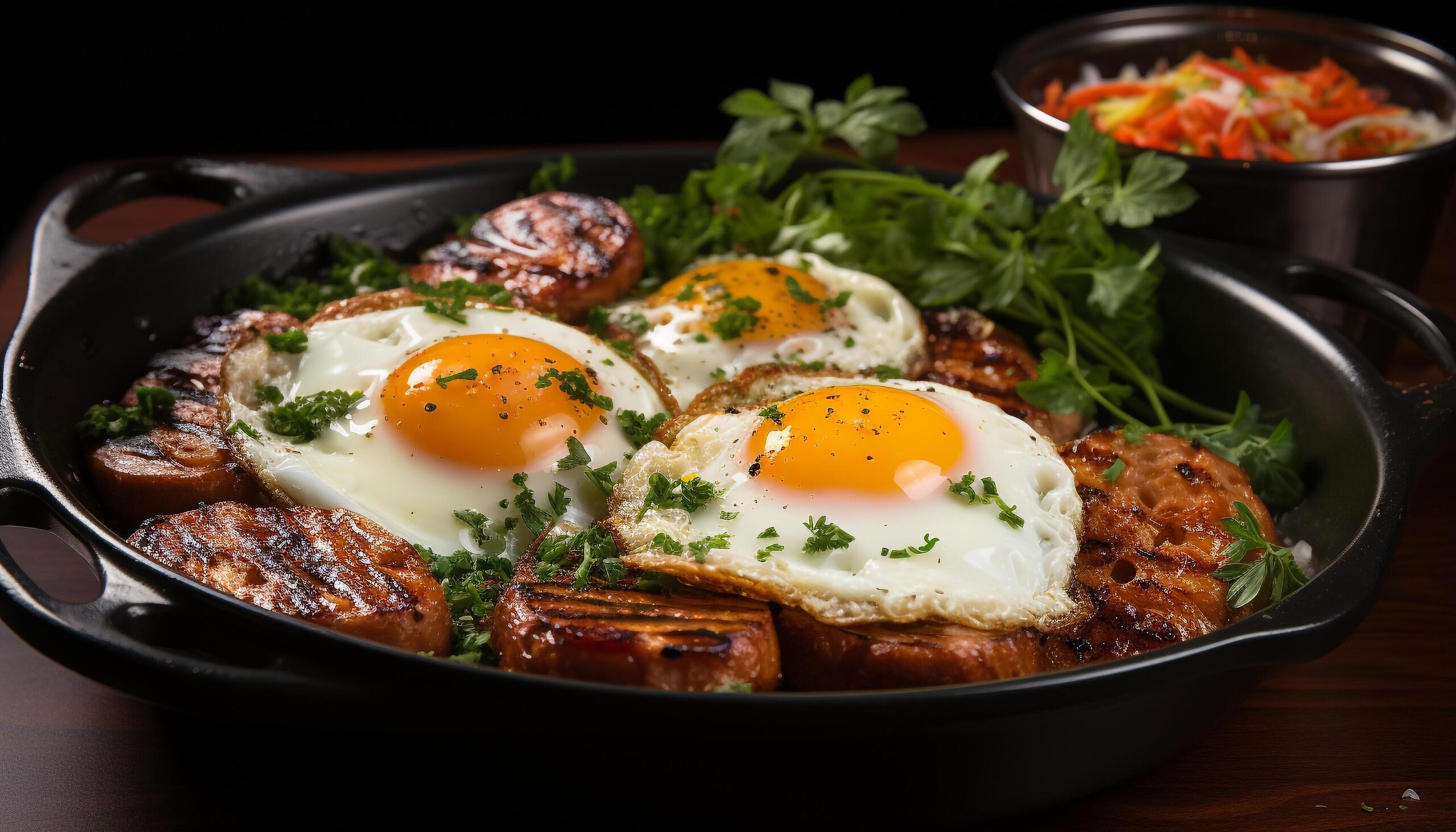Ai-generated-freshly-cooked-gourmet-meal-on-wooden-plate-healthy-and-delicious-generated-by-ai-free-photo