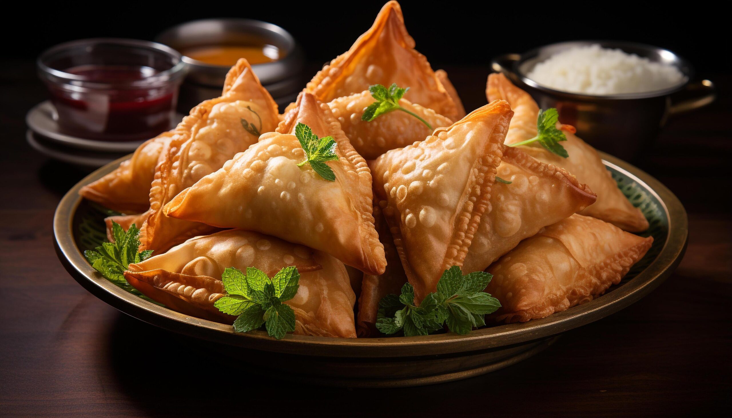 Ai-generated-freshness-and-crunchiness-of-homemade-vegetarian-samosa-on-wooden-plate-generated-by-ai-free-photo