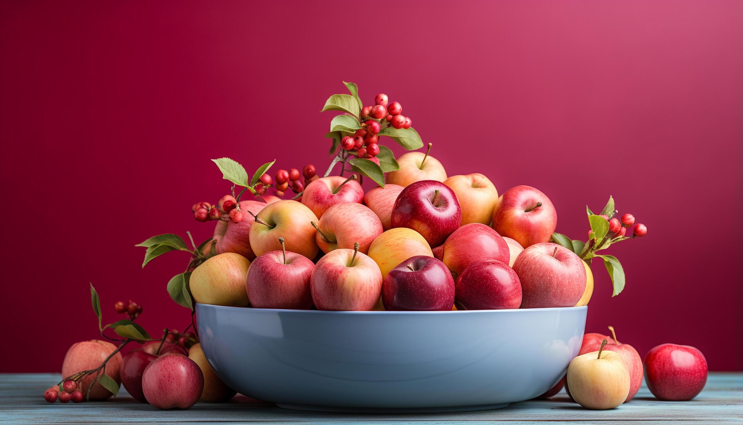Ai-generated-freshness-and-nature-on-a-wooden-table-organic-apple-generated-by-ai-free-photo