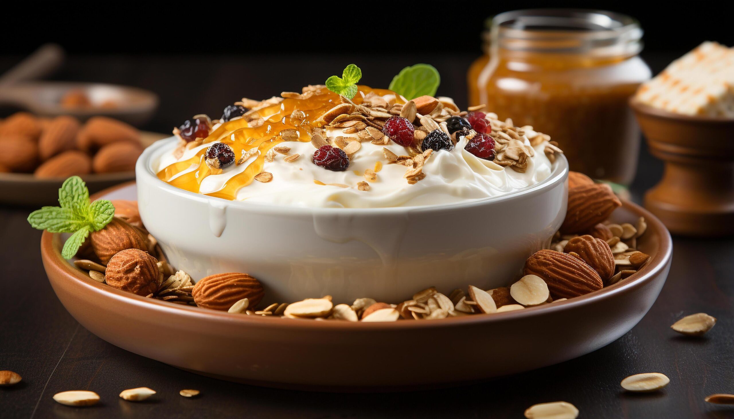 Ai-generated-freshness-in-a-bowl-homemade-granola-yogurt-fruit-and-nuts-generated-by-ai-free-photo