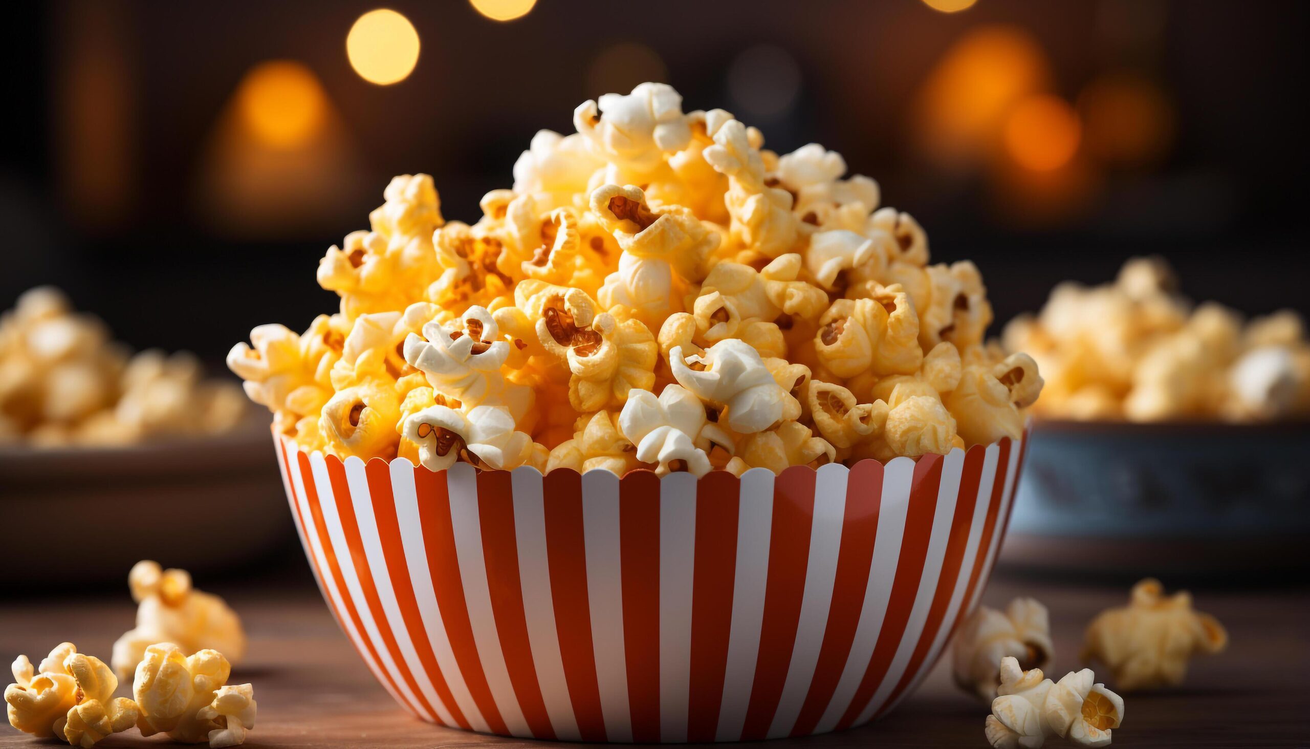 Ai-generated-freshness-in-a-striped-bowl-movie-snack-on-table-generated-by-ai-free-photo