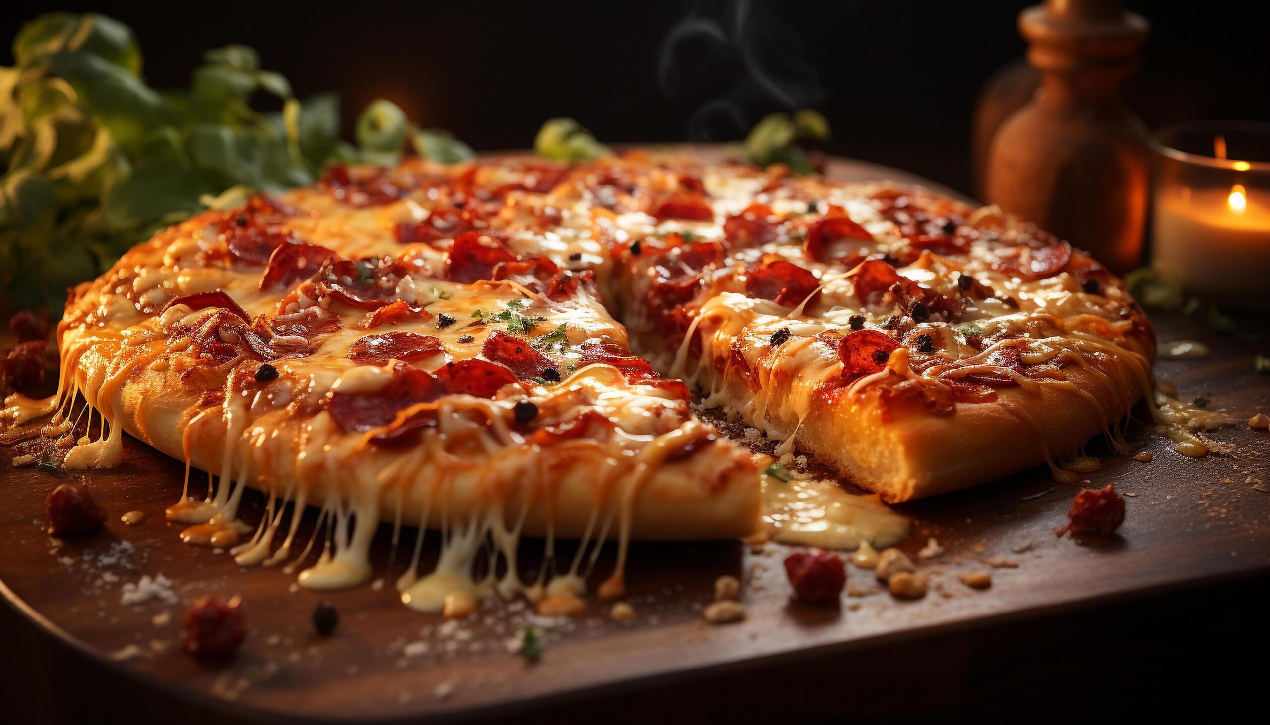 Ai-generated-freshness-on-a-rustic-table-homemade-pizza-gourmet-slice-mozzarella-generated-by-ai-free-photo