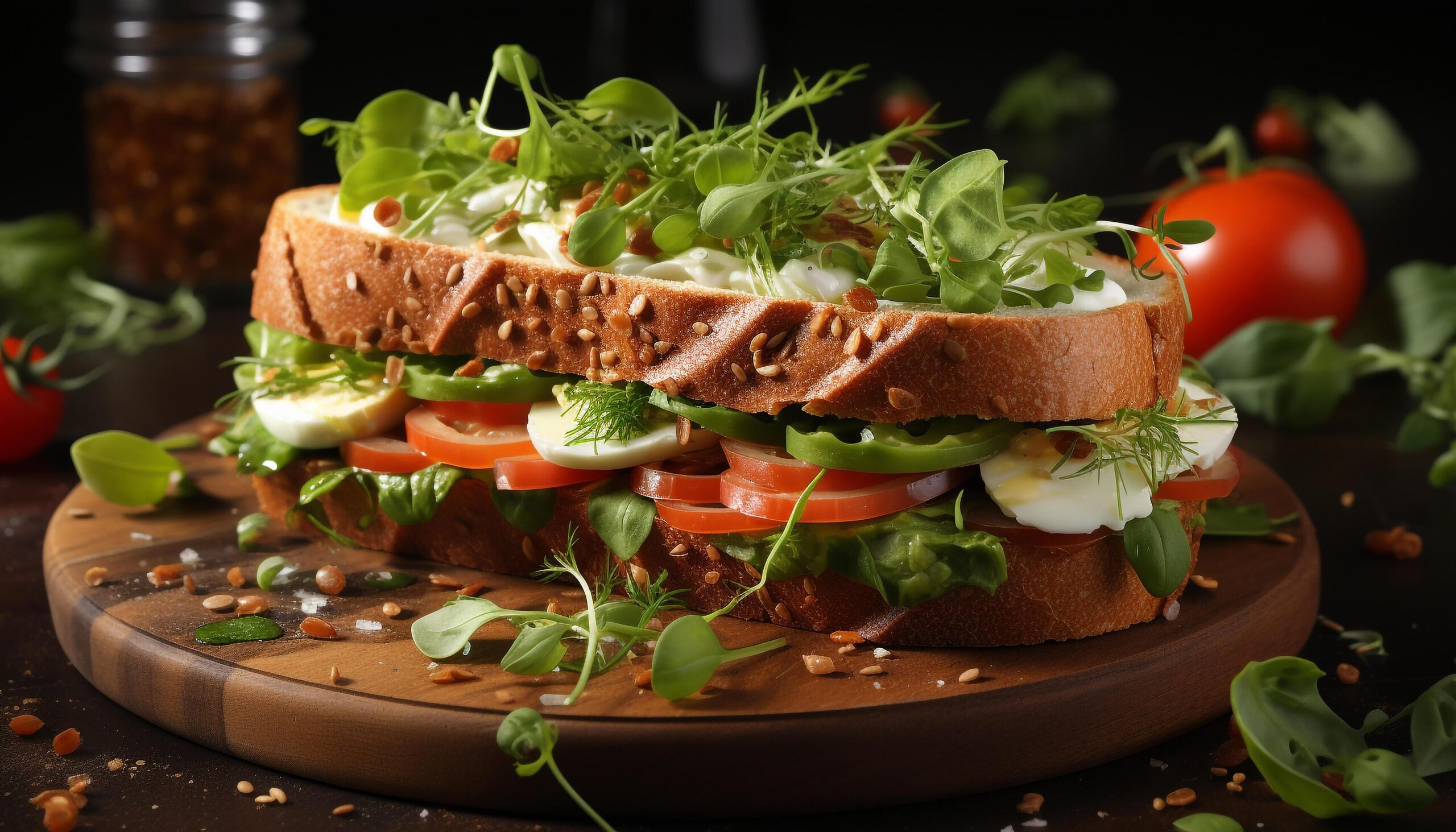 Ai-generated-freshness-on-a-wooden-plate-gourmet-sandwich-with-organic-ingredients-generated-by-ai-free-photo