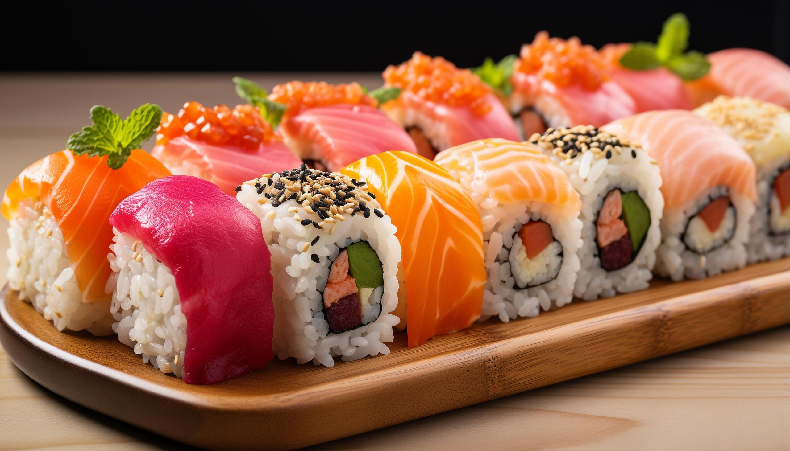 Ai-generated-freshness-on-plate-seafood-sushi-avocado-ginger-nori-generated-by-ai-free-photo