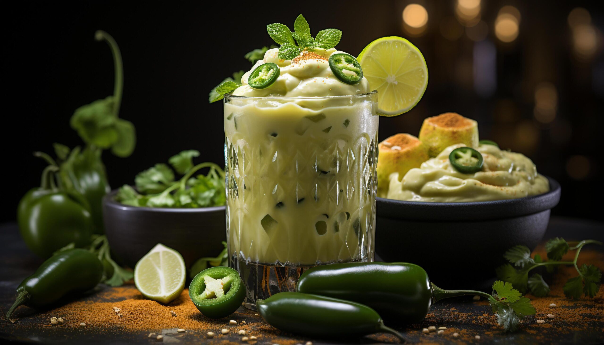 Ai-generated-freshness-on-table-guacamole-cocktail-lime-fruit-ice-cilantro-generated-by-ai-free-photo