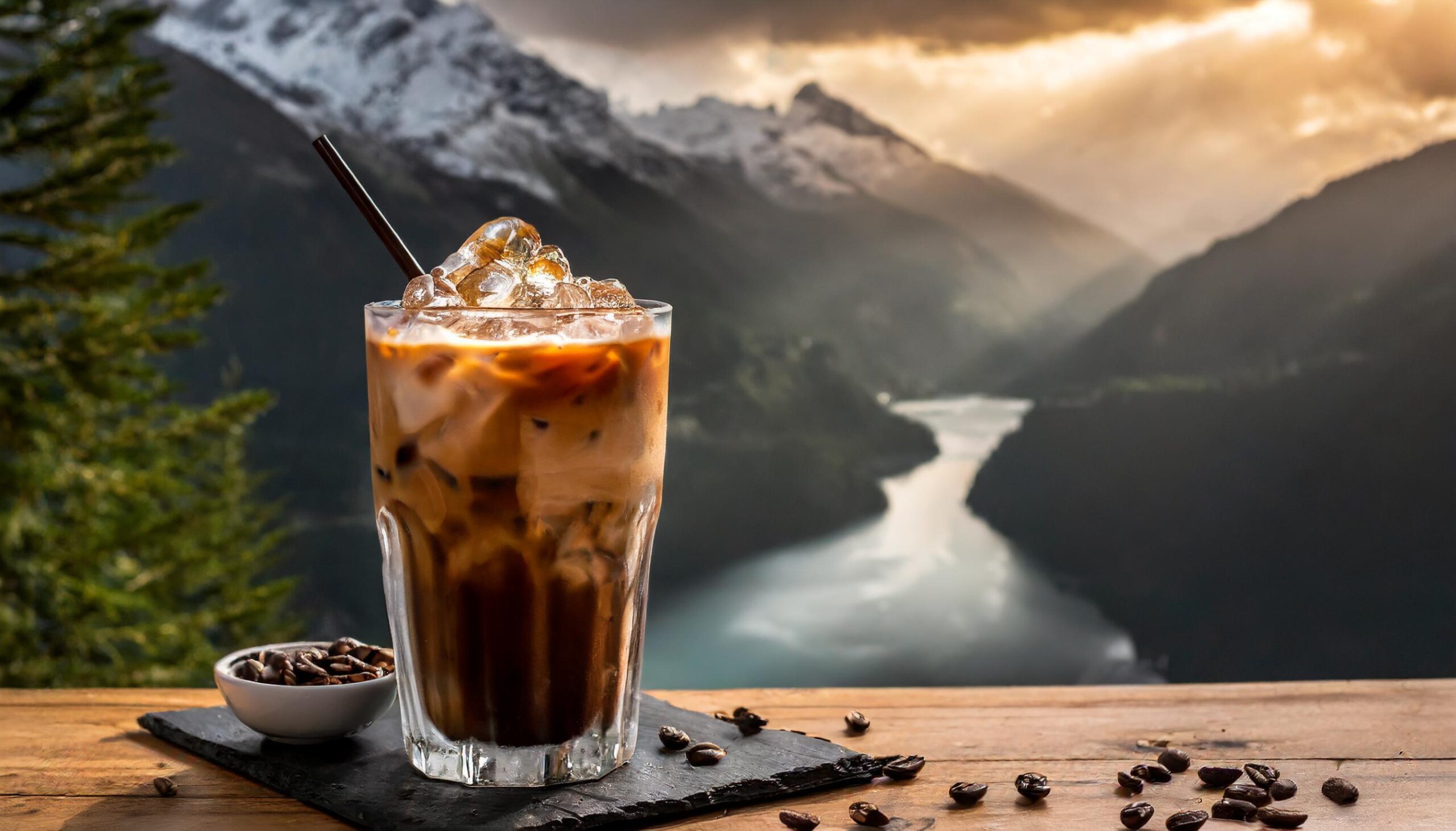 Ai-generated-glass-of-iced-coffee-on-the-table-with-nature-background-free-photo