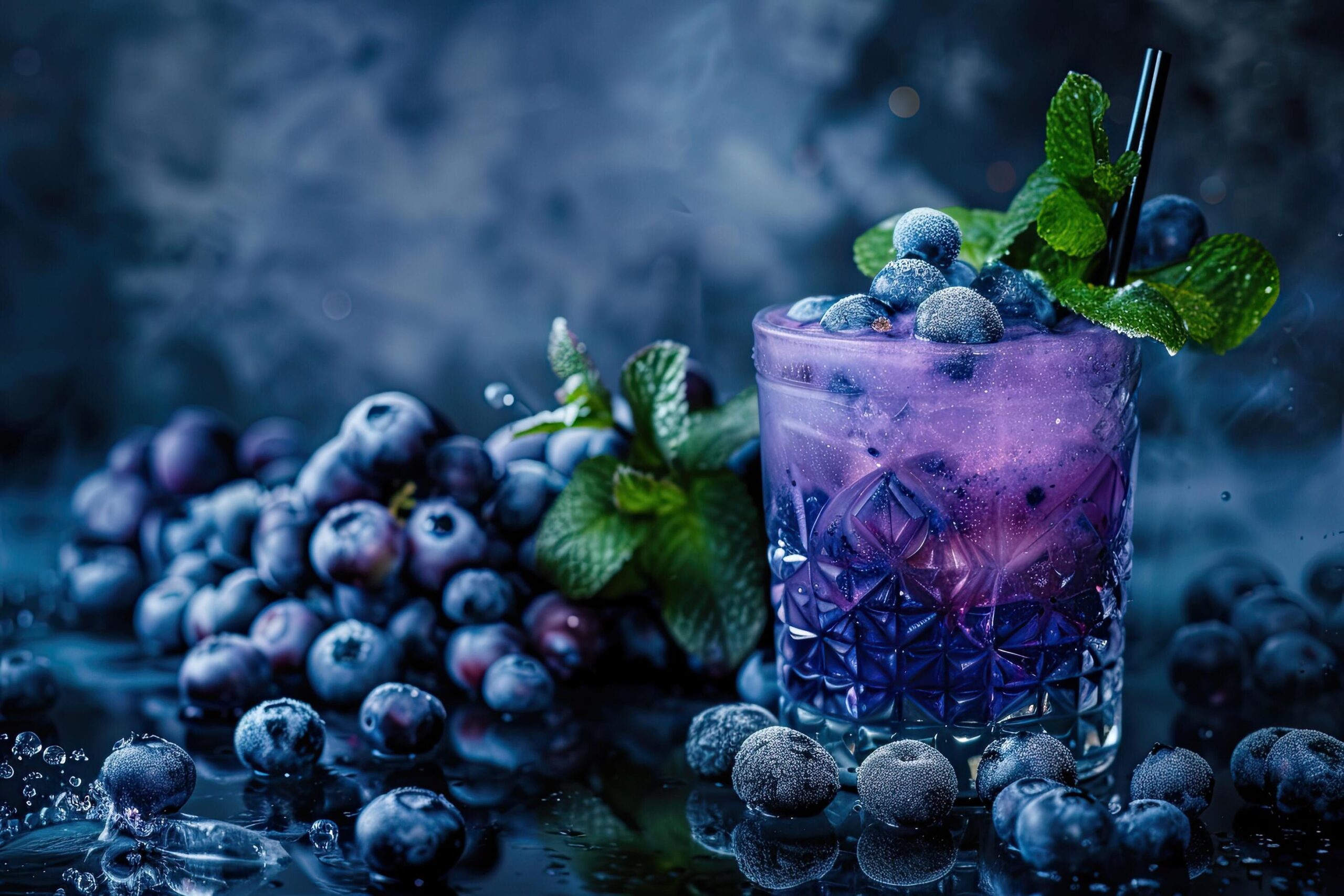 Ai-generated-glasses-of-blueberries-smoothie-or-shake-with-fresh-blueberries-and-mint-free-photo