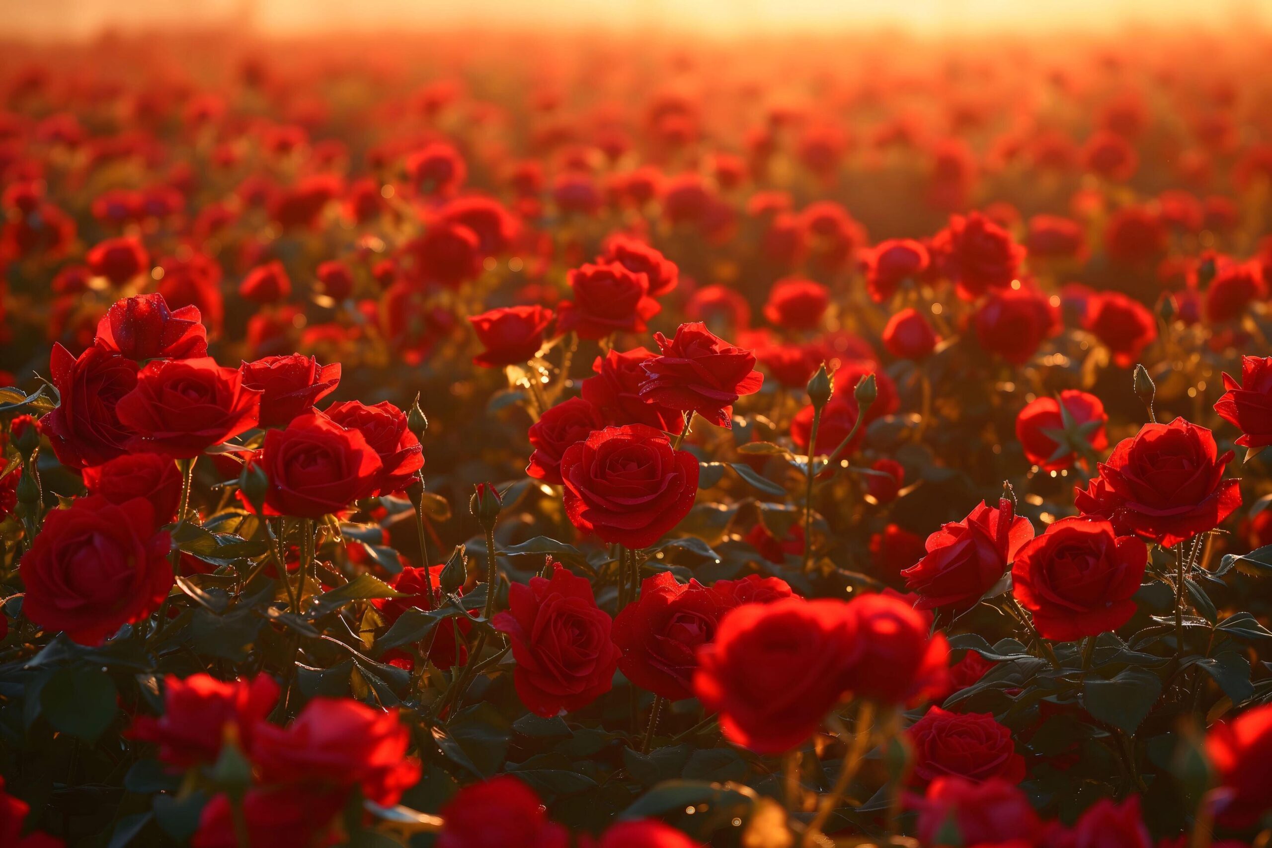 Ai-generated-golden-hour-glow-on-red-rose-field-free-photo