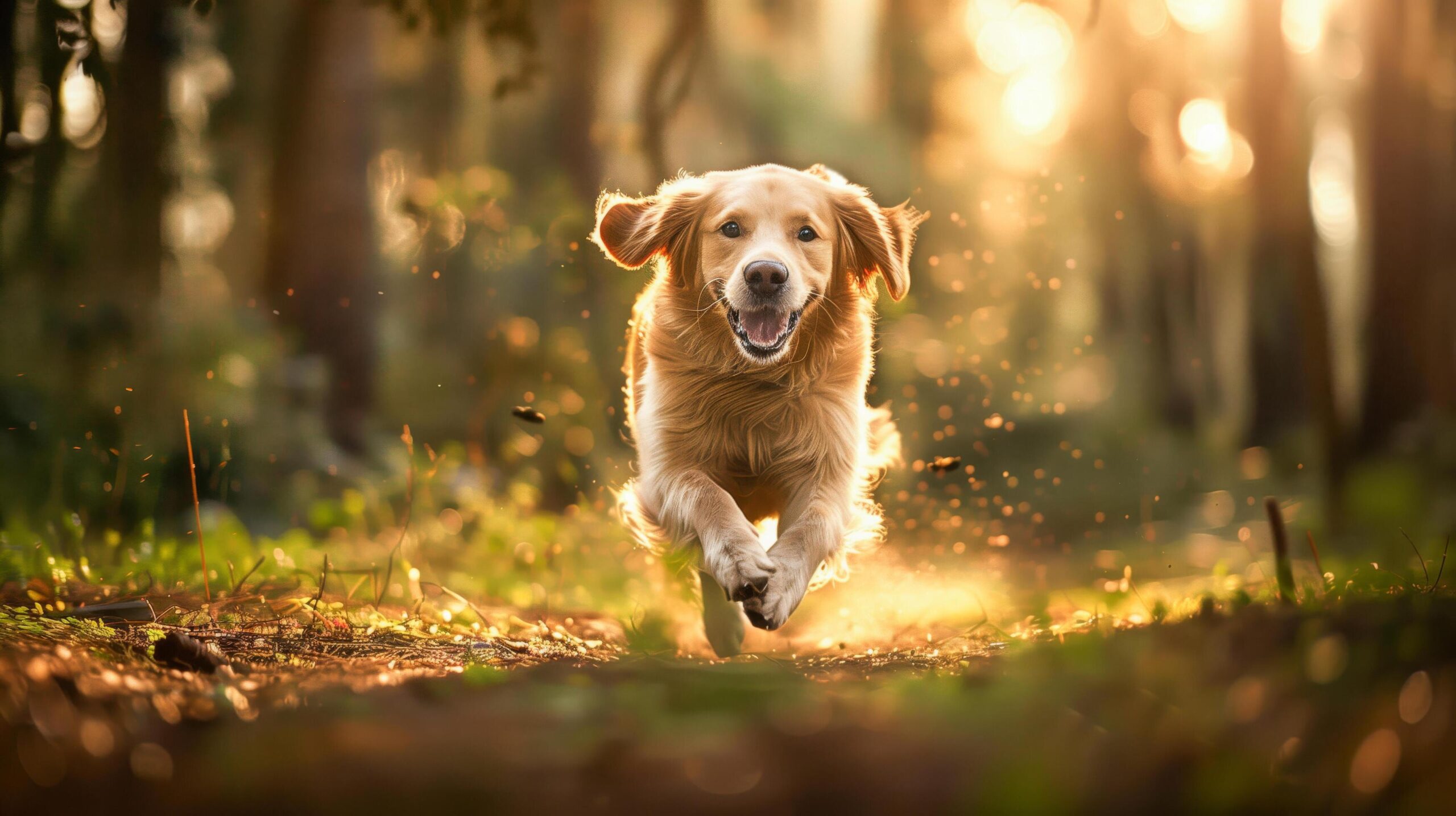 Ai-generated-golden-retriever-dog-running-in-forest-suitable-for-pet-websites-outdoor-adventures-animal-themed-designs-dog-training-materials-nature-blogs-and-pet-product-ads-free-photo
