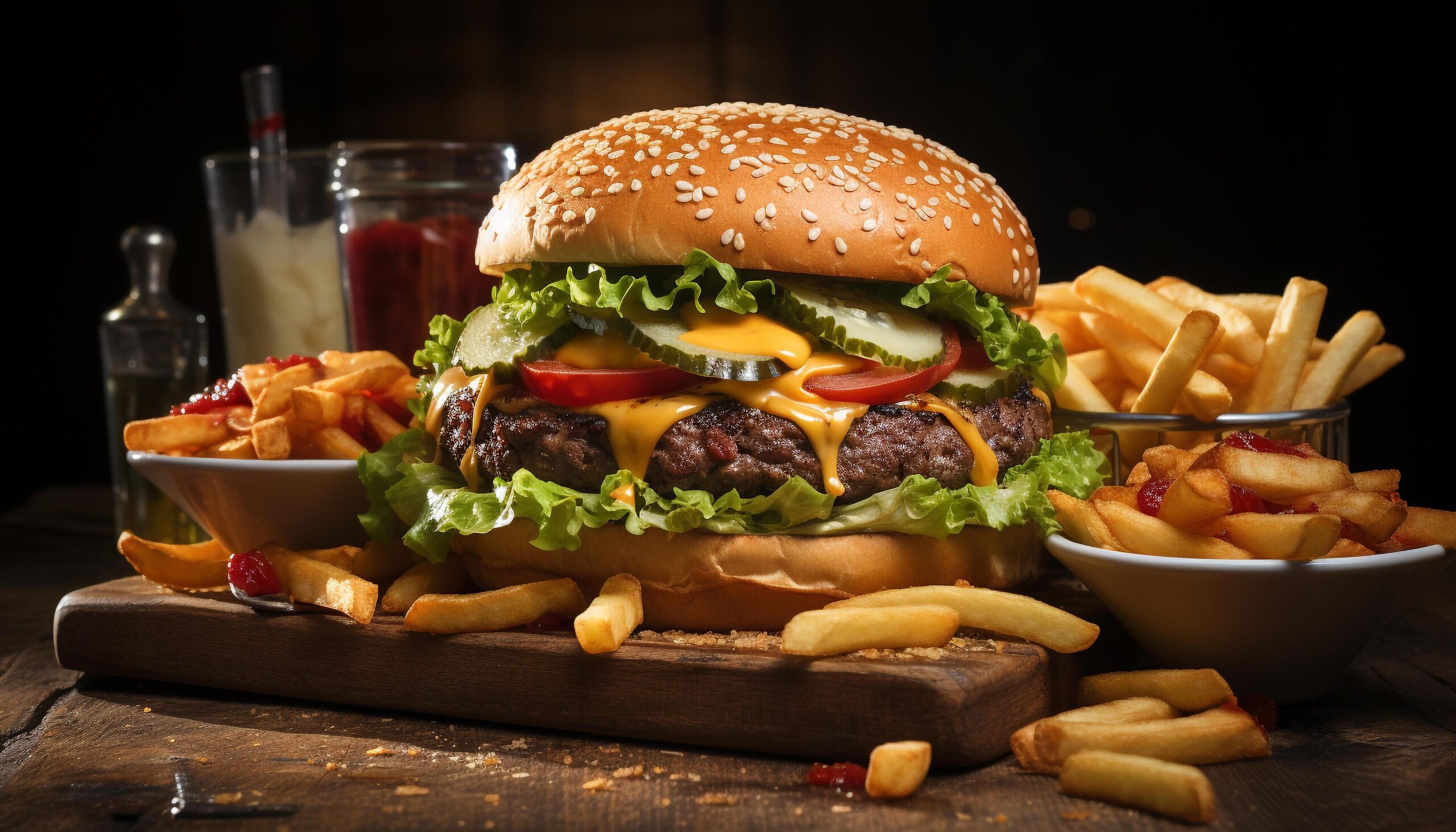 Ai-generated-gourmet-burger-with-cheese-fries-and-refreshing-drink-generated-by-ai-free-photo
