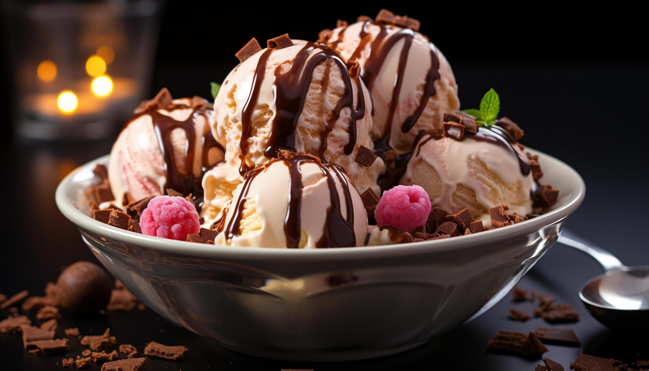 Ai-generated-gourmet-chocolate-ice-cream-sundae-on-wooden-table-generated-by-ai-free-photo