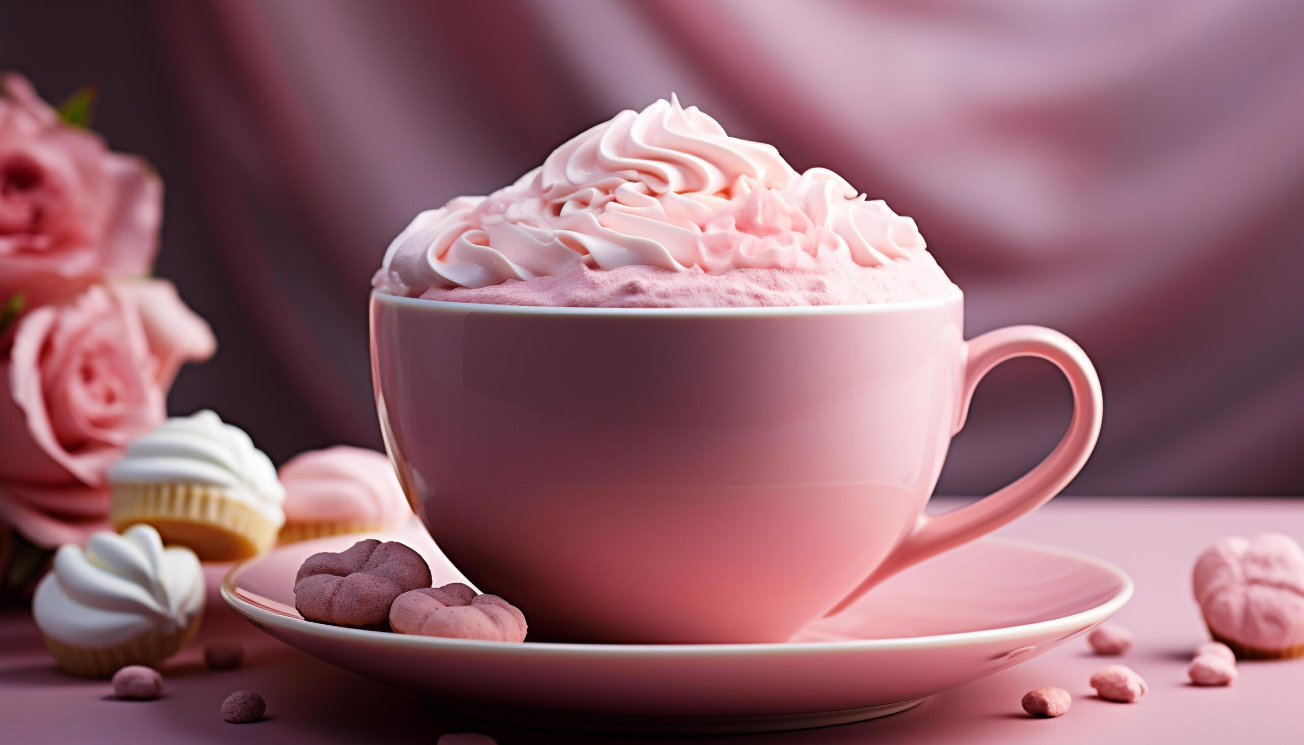 Ai-generated-gourmet-dessert-chocolate-drink-sweet-coffee-pink-whipped-cream-generated-by-ai-free-photo