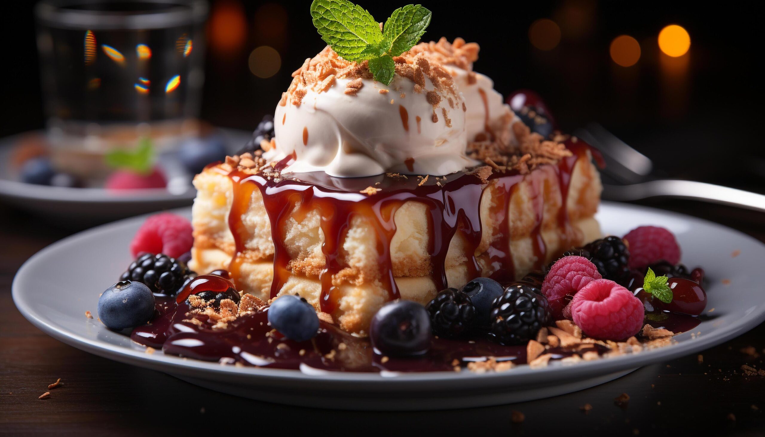 Ai-generated-gourmet-dessert-plate-fresh-berries-chocolate-whipped-cream-generated-by-ai-free-photo