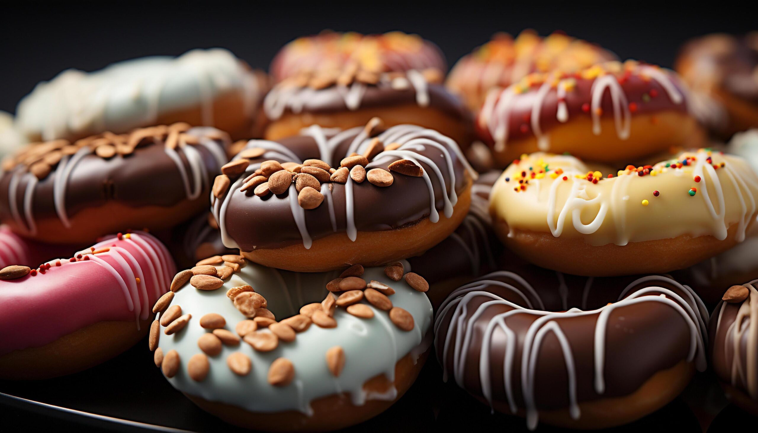 Ai-generated-gourmet-donut-stack-tempting-indulgence-on-pink-plate-generated-by-ai-free-photo