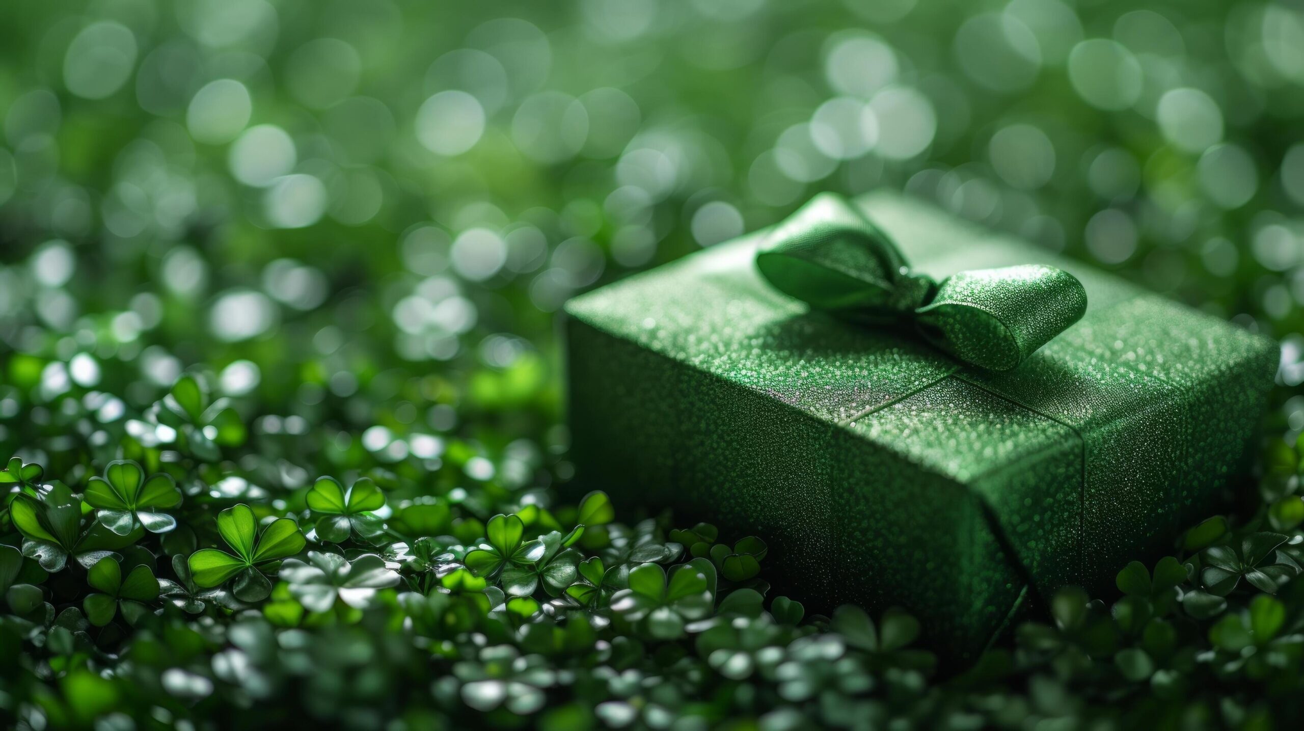 Ai-generated-green-luxury-gift-box-with-a-shiny-bow-on-a-shamrock-background-free-photo