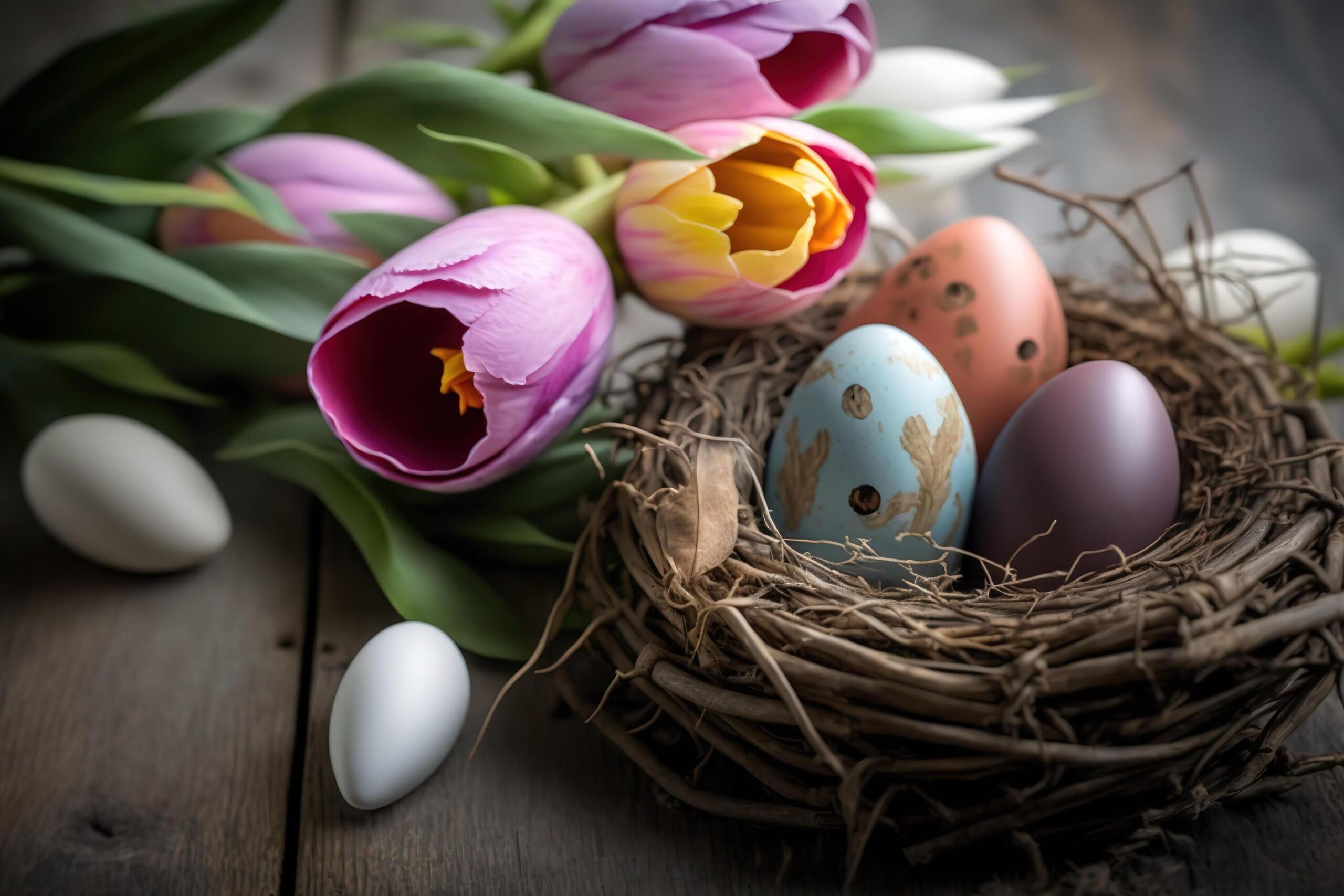 Ai-generated-greeting-card-for-easter-holidays-with-colorful-easter-eggs-in-bird-nest-and-colorful-tulips-on-wooden-table-spring-season-free-photo