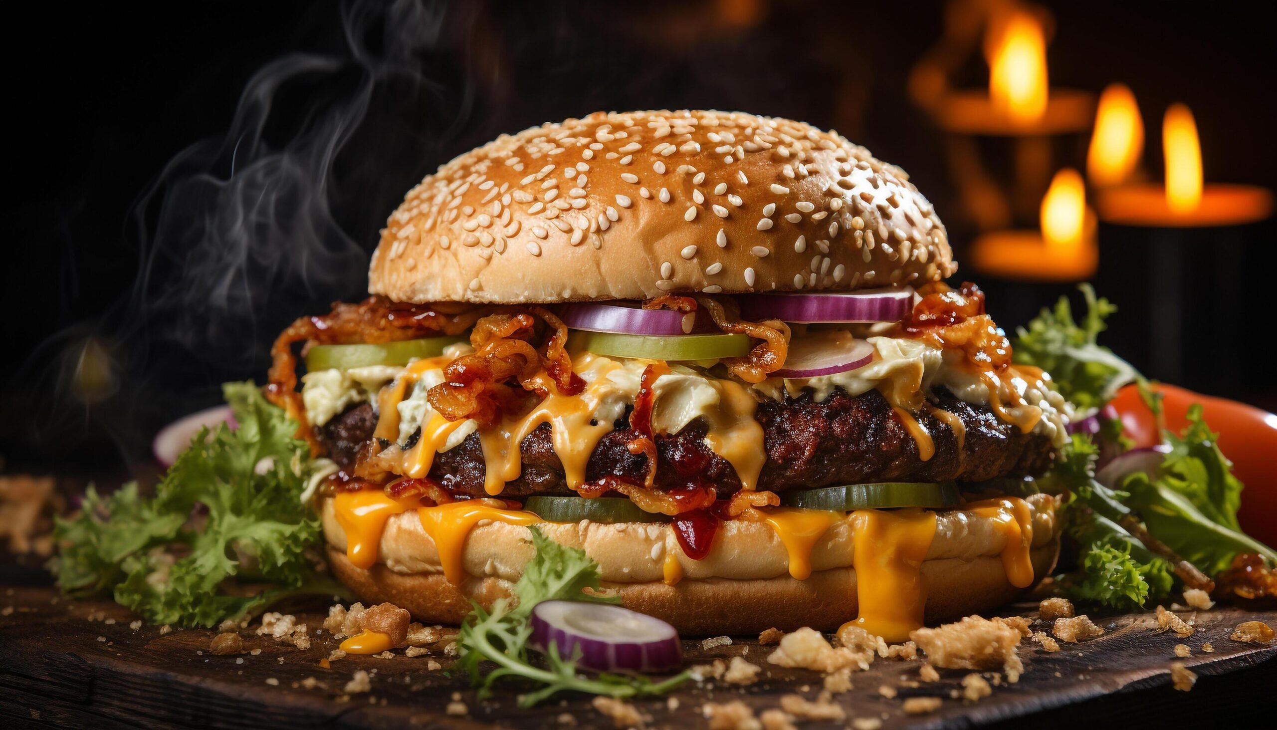 Ai-generated-grilled-beef-burger-gourmet-meal-rustic-bread-melting-cheese-generated-by-ai-free-photo