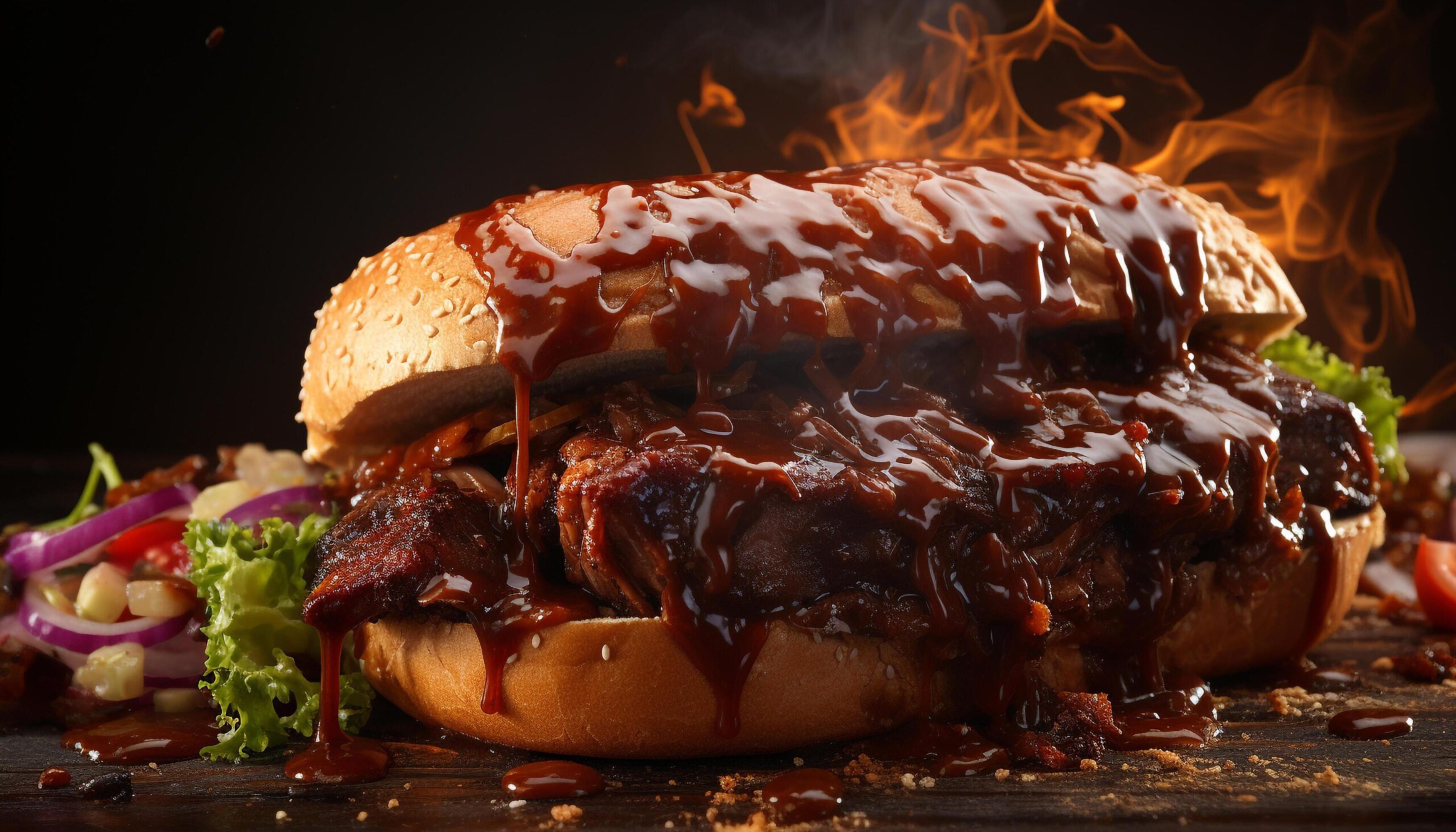 Ai-generated-grilled-beef-sandwich-with-pulled-pork-coleslaw-and-barbecue-sauce-generated-by-ai-free-photo