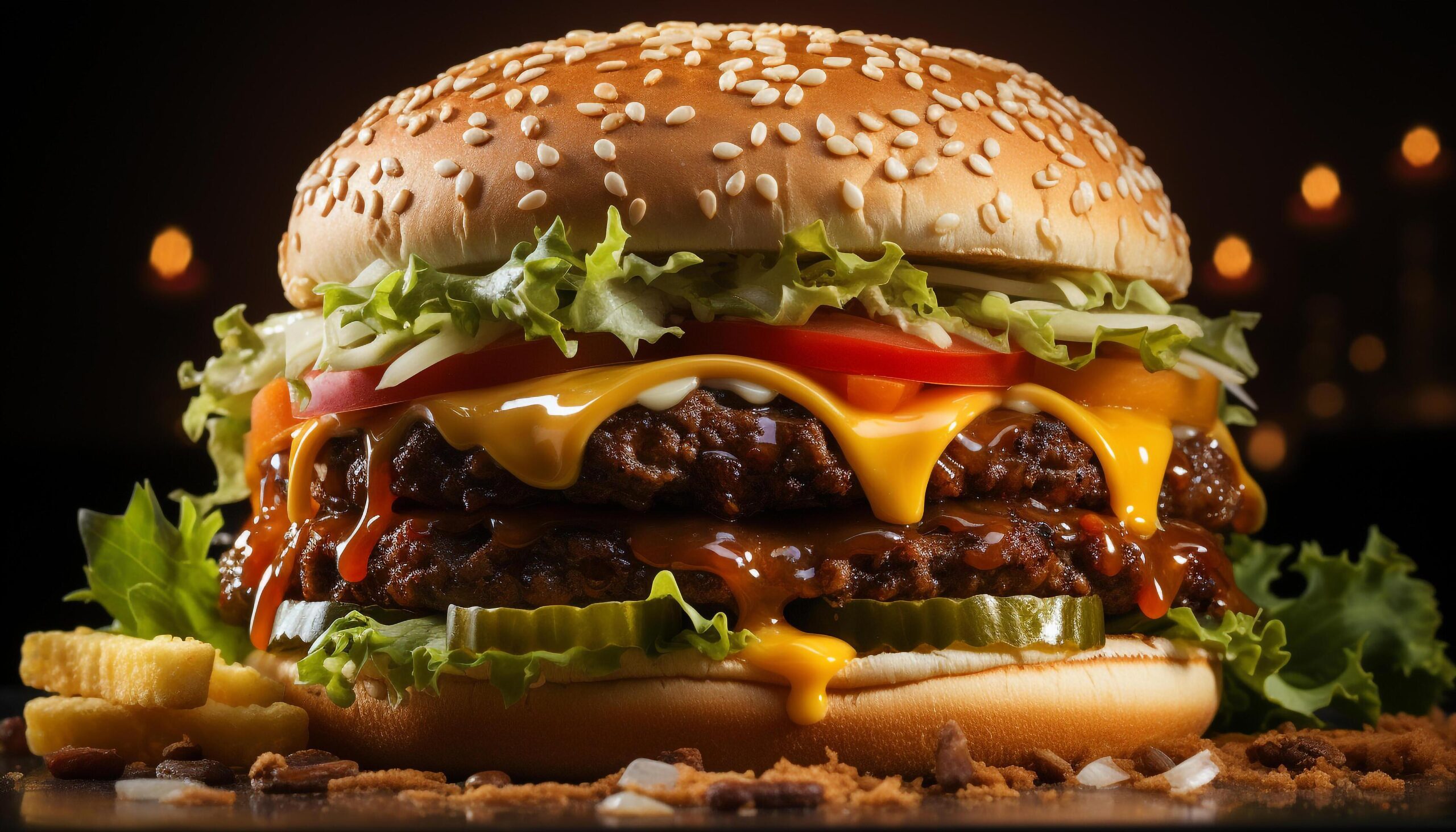 Ai-generated-grilled-gourmet-burger-with-cheese-tomato-and-fresh-vegetables-generated-by-ai-free-photo