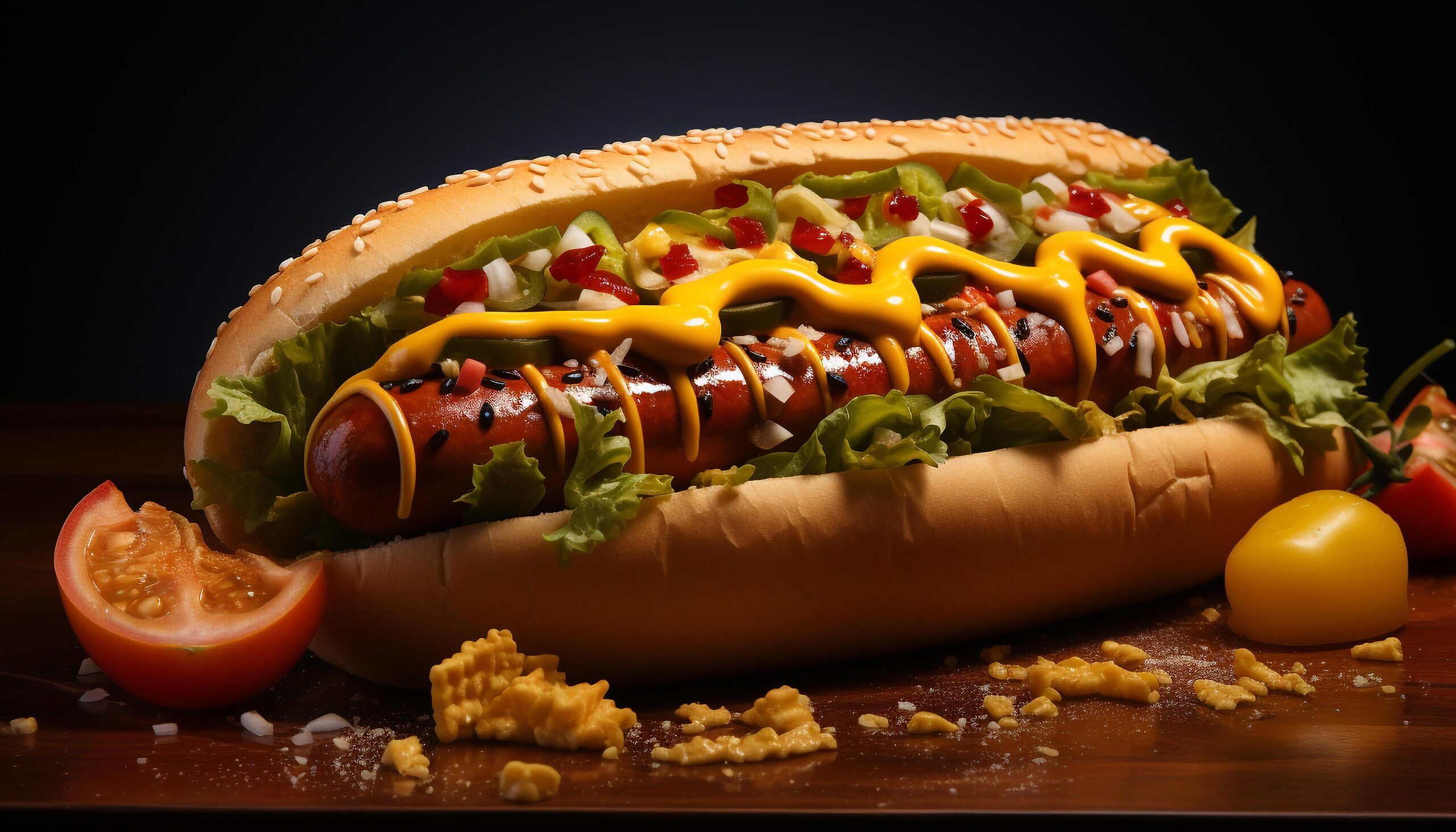 Ai-generated-grilled-hot-dog-on-bun-with-meat-tomato-and-ketchup-generated-by-ai-free-photo