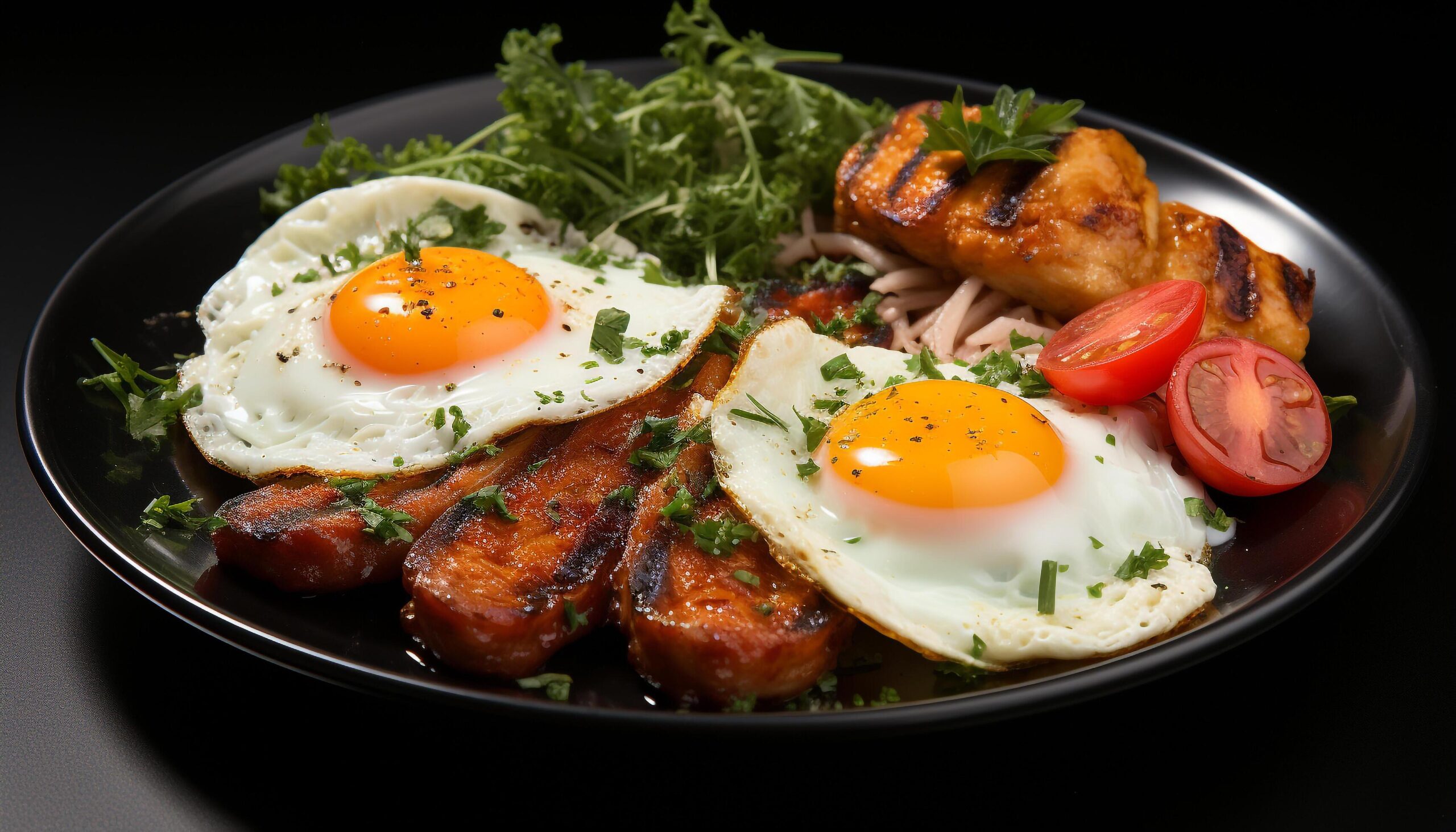 Ai-generated-grilled-pork-with-tomato-salad-and-fresh-bread-on-plate-generated-by-ai-free-photo