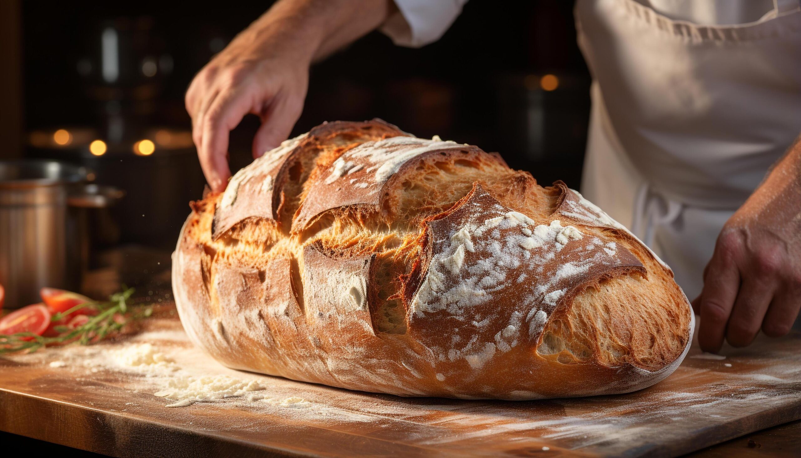 Ai-generated-hand-cutting-fresh-homemade-bread-in-rustic-kitchen-generated-by-ai-free-photo