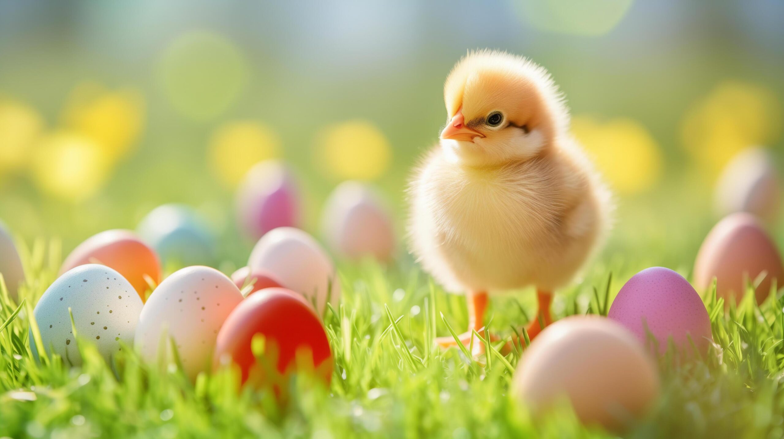 Ai-generated-happy-cute-easter-egger-chick-with-colorful-eggs-and-green-grass-free-photo