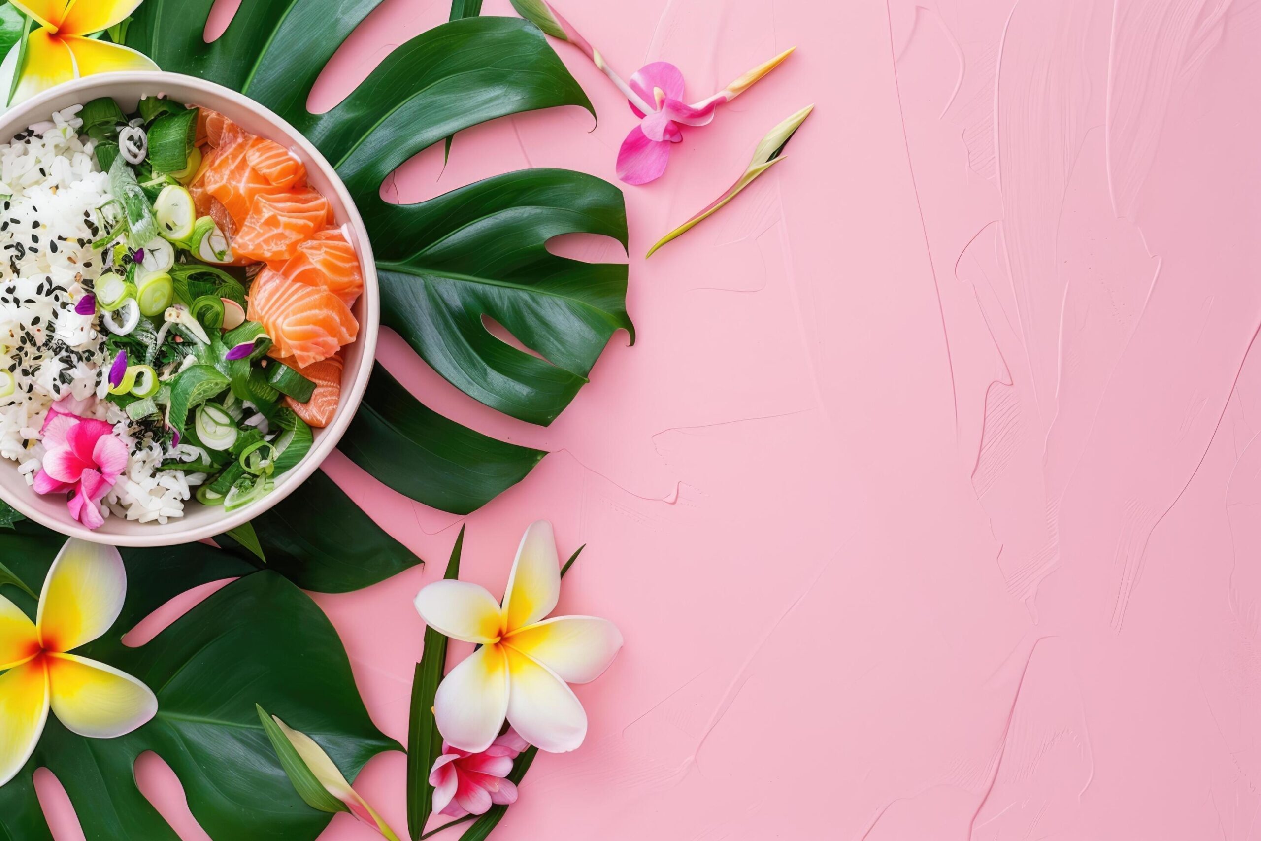 Ai-generated-hawaiian-poke-fish-rice-vegetables-tropical-leaves-flowers-space-for-text-free-photo