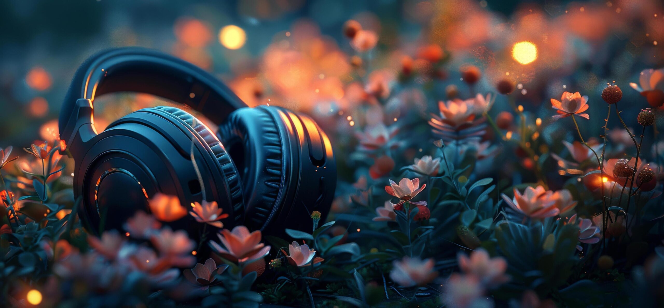 Ai-generated-headphones-on-lush-green-field-free-photo