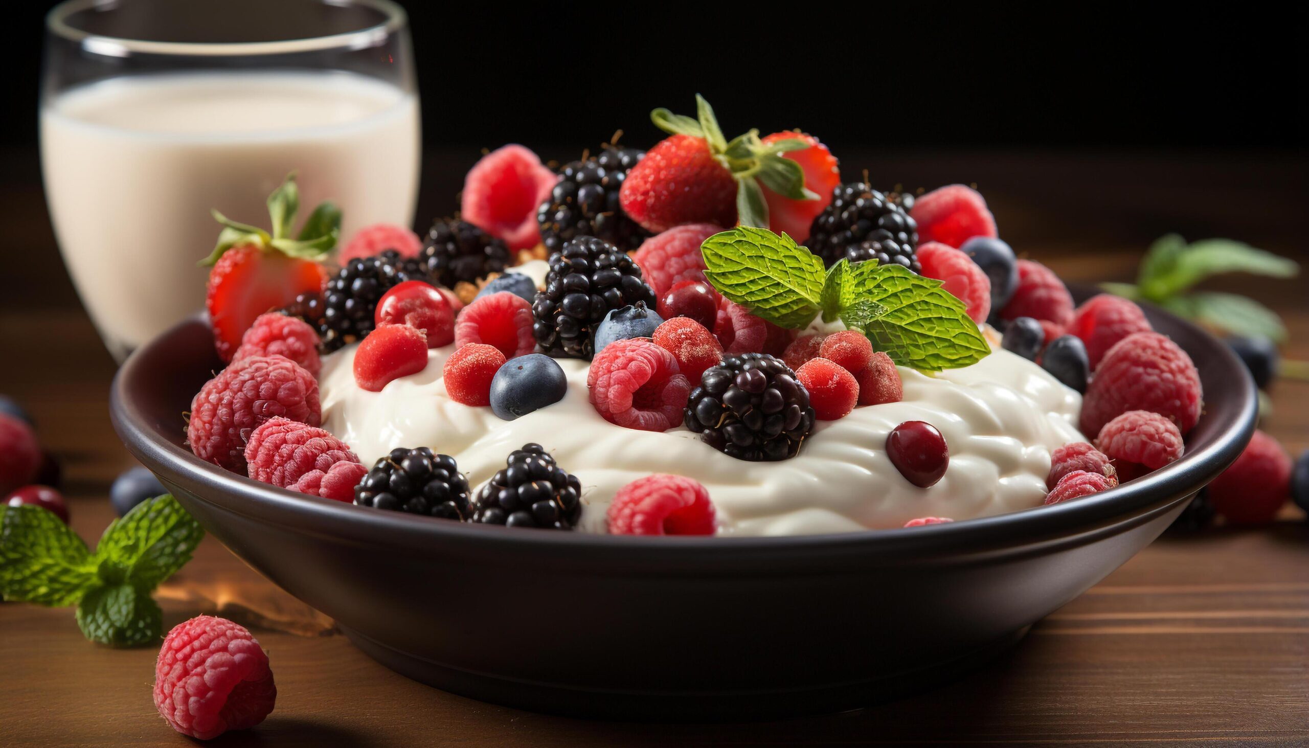 Ai-generated-healthy-eating-fresh-raspberry-and-blueberry-dessert-with-yogurt-and-mint-generated-by-ai-free-photo